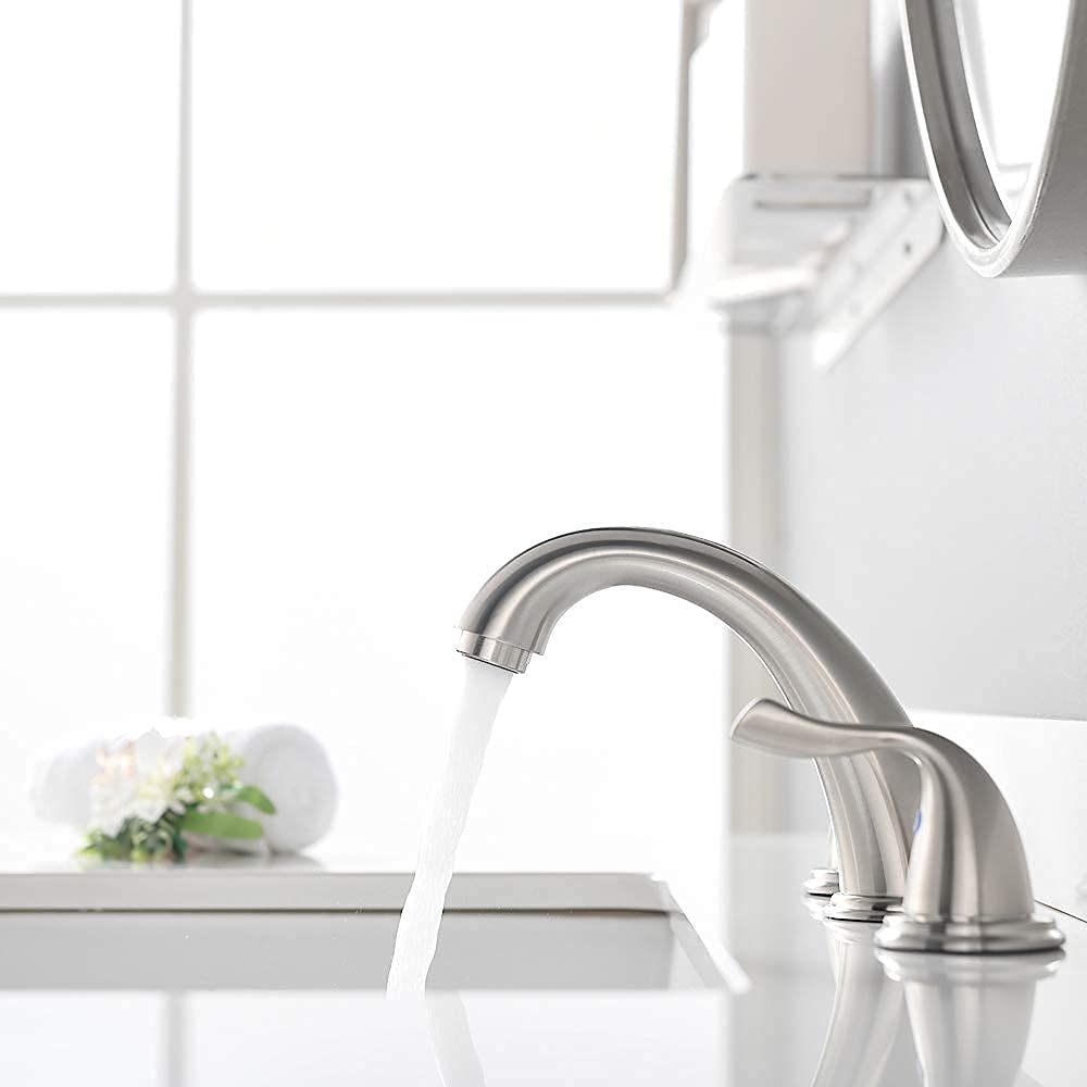 Premium Solid Brass Brushed Nickel 2-Handle Widespread Bathroom Sink Faucet with Stainless Steel Pop-Up Drain - Modern Waterfall Design for Vanity & Powder Room - Perfect for Master Bath, Guest Bath & Luxury Home Renovations