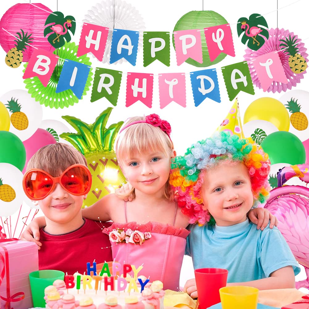 Flamingo Party Supplies & Decorations - Tropical Birthday Banners, Paper Lanterns & Balloons for Hawaiian Luau, Pool Party & Summer Themed Events