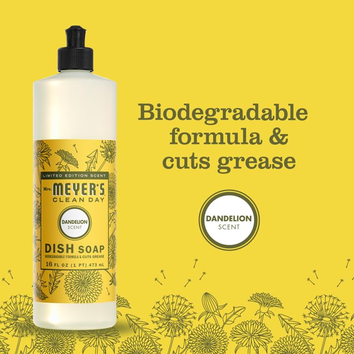Mrs. Meyer's Clean Day Liquid Dish Soap - Dandelion Scent, 16 fl oz (Pack of 1) | Plant-Derived, Biodegradable Formula | Perfect for Hand Washing Dishes, Pots & Pans in Kitchen or Outdoor Use