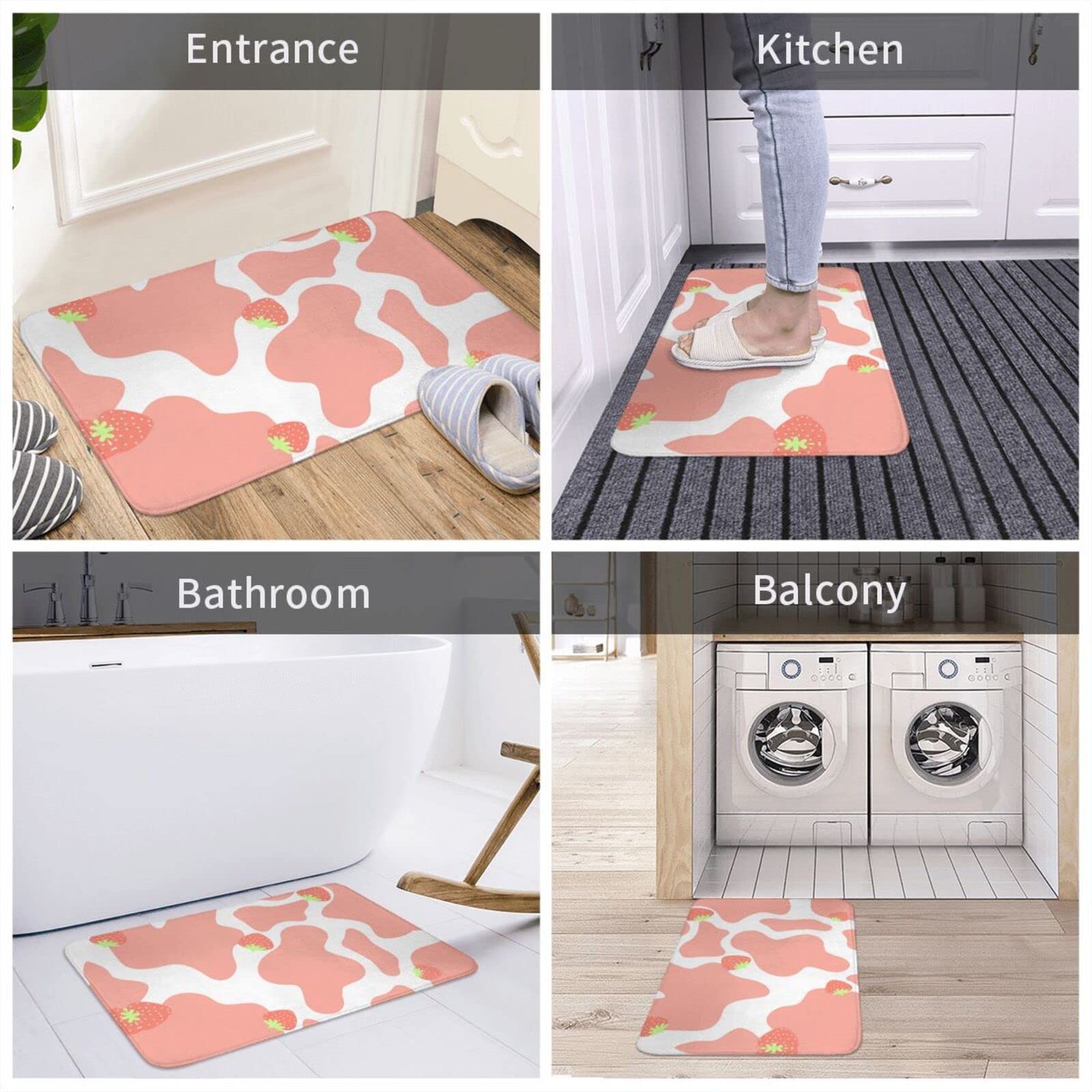 Strawberry Cow Print Pink Bath Mat - 15.7x23.5 Inch Non-Slip Plush Velvet Bathroom Rug | Water Absorbent Cute Bathtub Mat for Girls, Teens & Women | Perfect for Bathroom Decor, Shower Mats & Cozy Home Accessories