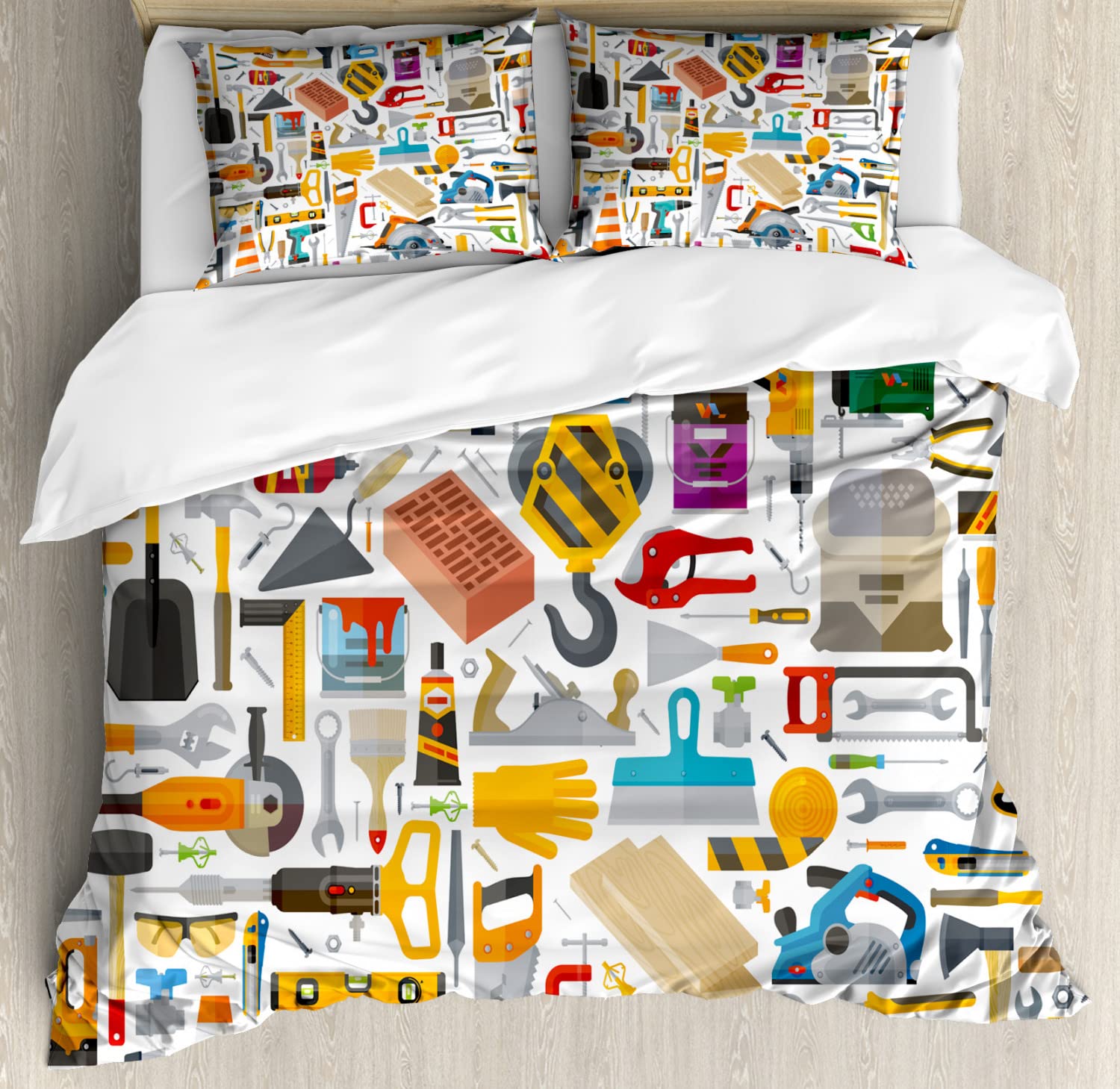 Ambesonne Construction Duvet Cover Set - Queen Size 2-Pack with 2 Duvet Covers & 4 Pillowcases | Cartoon Construction Tools Design for Engineers & Builders | Yellow Bedding Set for Kids Room, Dorm, or Construction-Themed Decor