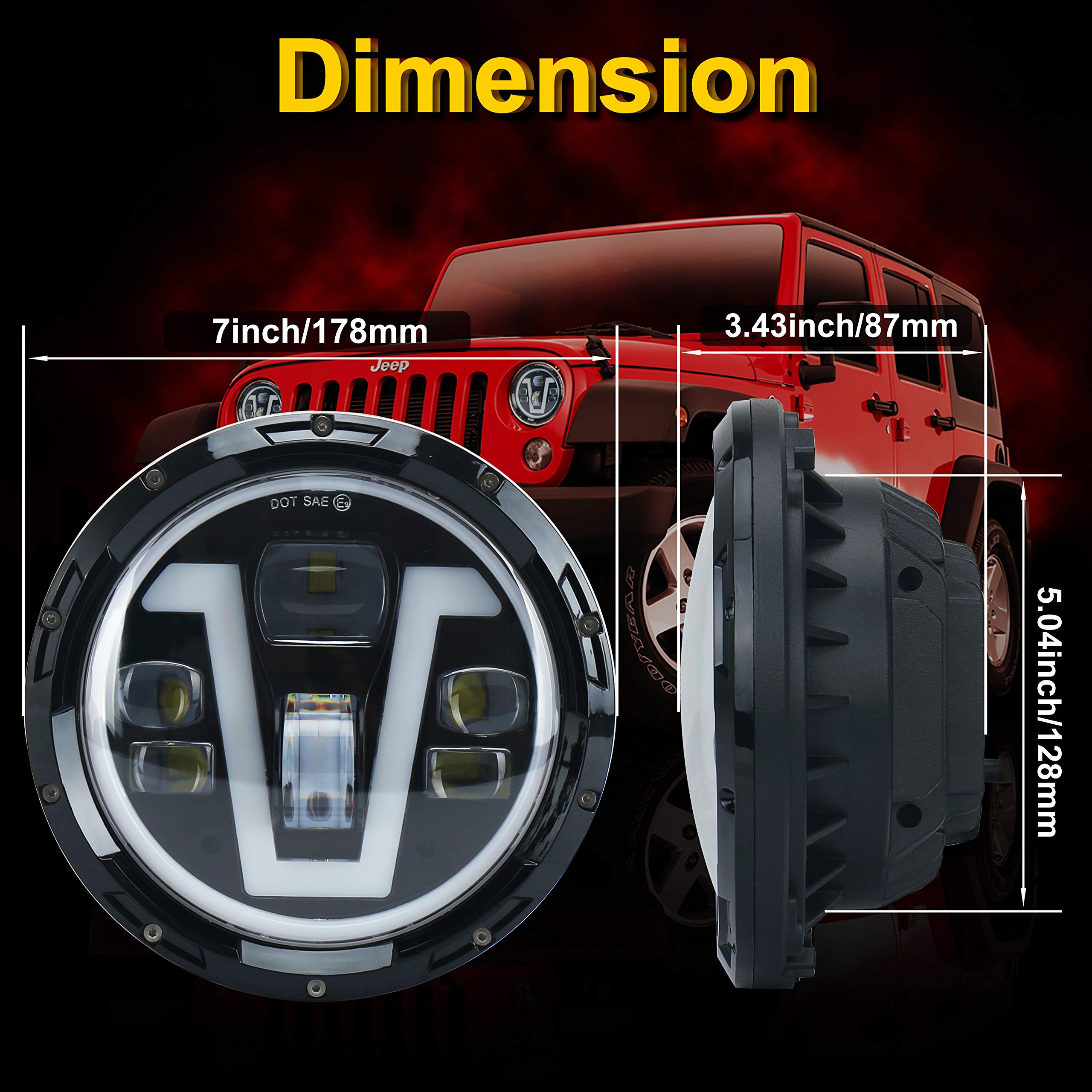 OVOTOR 7 Inch LED Headlights for Jeep Wrangler JK JKU TJ LJ CJ & Hummer H1 H2 - V-Shape White DRL with Amber Halo Turn Signal - Waterproof Off-Road Headlights for Night Driving & Adventure