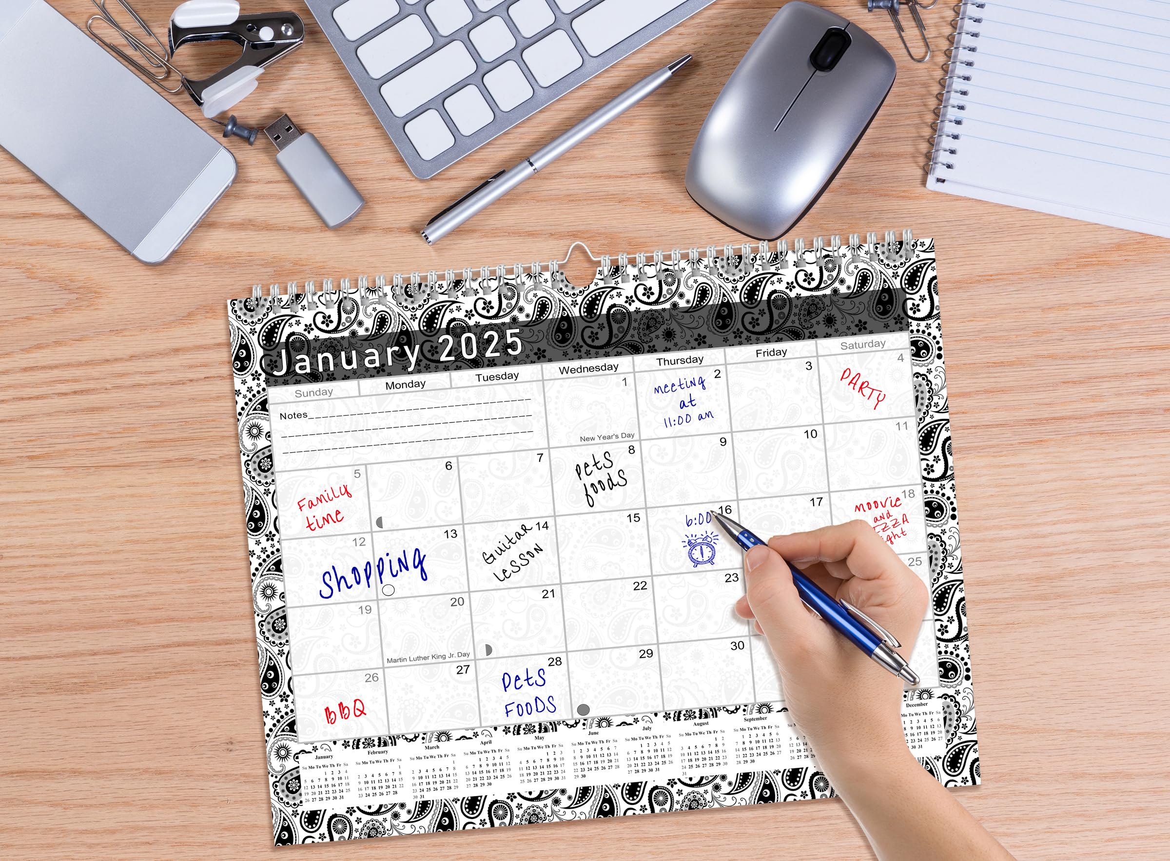 2024-2025 18-Month Spiral-Bound Wall & Desk Calendar Planner - Black & White Paisley Design (Edition #011) - Perfect for Home, Office & School Organization