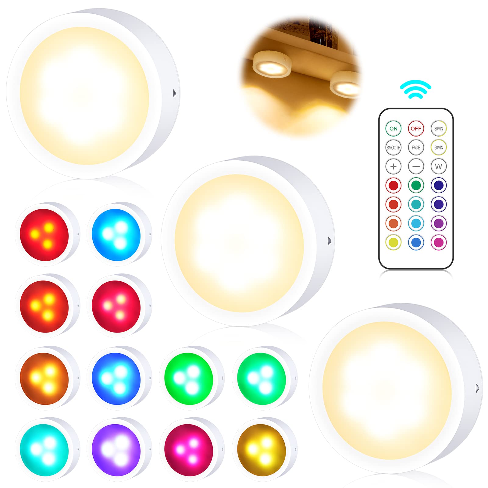 Anpress 3 Pack Wireless LED Puck Lights with Remote - 13 Color Changing Dimmable Under Cabinet Lights, Touch Control & Timer Function - Perfect for Kitchen, Closet, Stairs, and Bedroom Night Lights