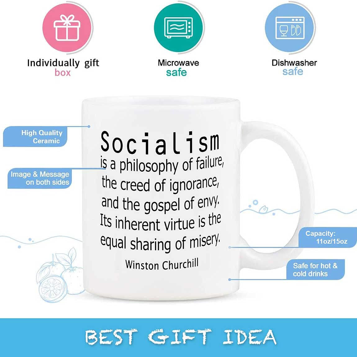 Personalized Winston Churchill Socialism Quote Ceramic Coffee Mug 11oz & 15oz - Novelty Tea Cup with Inspirational Sayings - Perfect Gift for Birthday, Christmas, Thanksgiving - Ideal for Office, Home Use & Political History Enthusiasts
