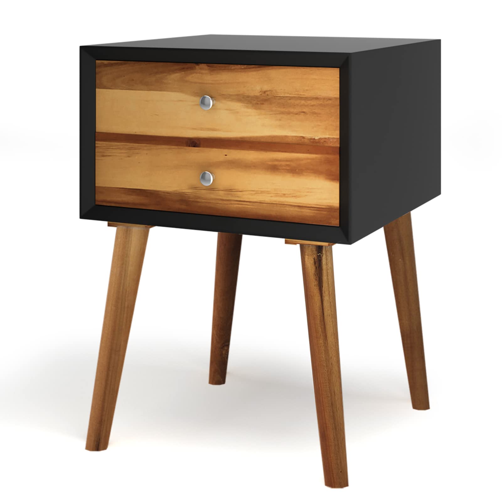 Mid Century Modern Nightstand with 2 Drawers - Solid Wood Legs Bedside Table for Bedroom, Living Room & Small Spaces - Black End Table for Cozy Home Decor & Convenient Storage