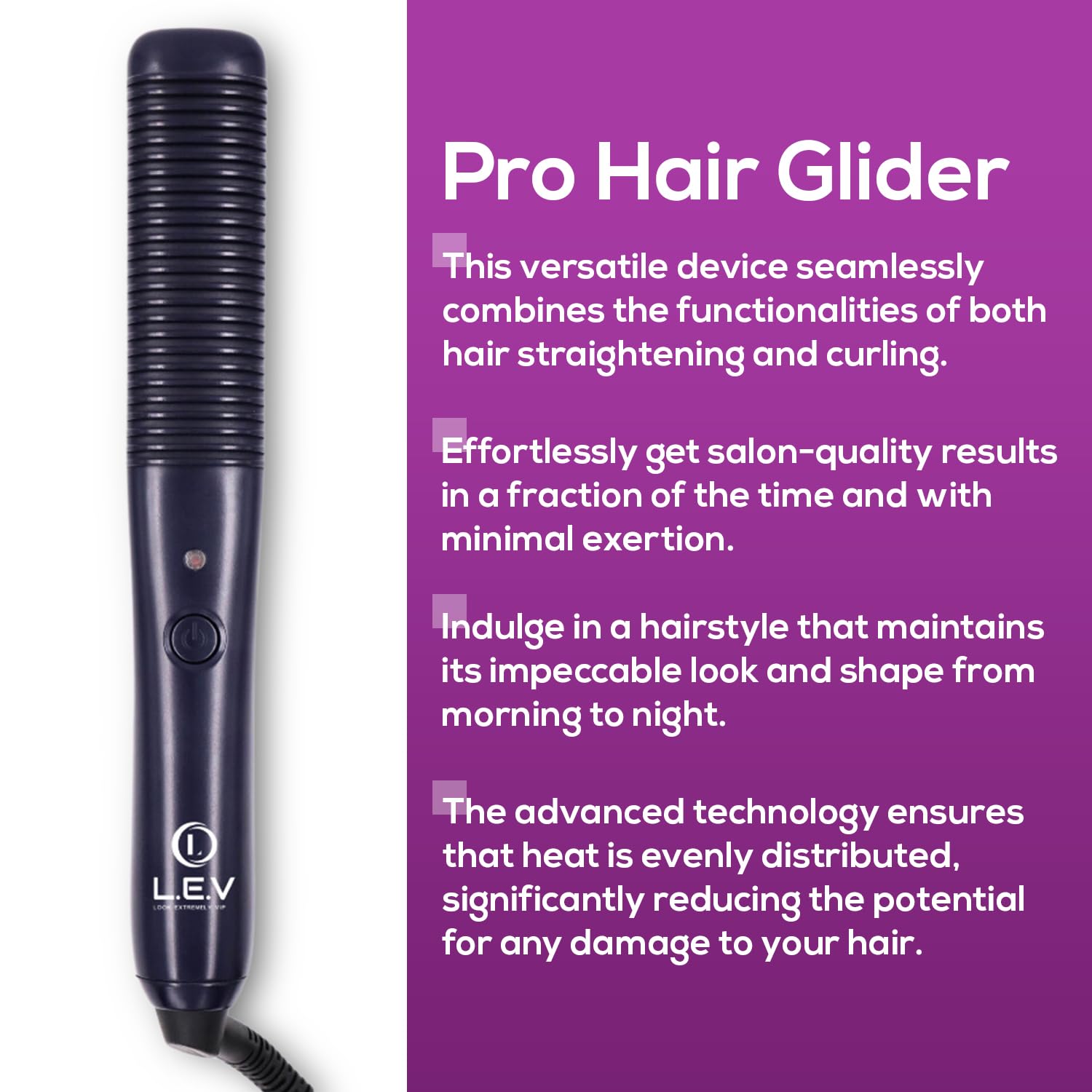 LEV Hair Pro Glider - 2-in-1 Curling & Straightening Iron for All Hair Types | Ionic Silk Flat Iron with Rapid Heat up to 450°F | Perfect for Curly, Fine, Frizzy Hair Styling at Home, Salon & Travel