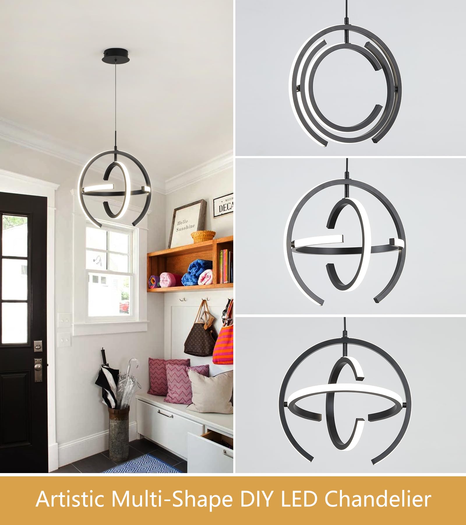 Q&S Modern LED Chandelier - Black Round Globe Hanging Pendant Light Fixture for Entryway, Kitchen Island, Dining Room, Living Room & Stairway - Perfect for Home Decor, Restaurant Lighting & Commercial Spaces