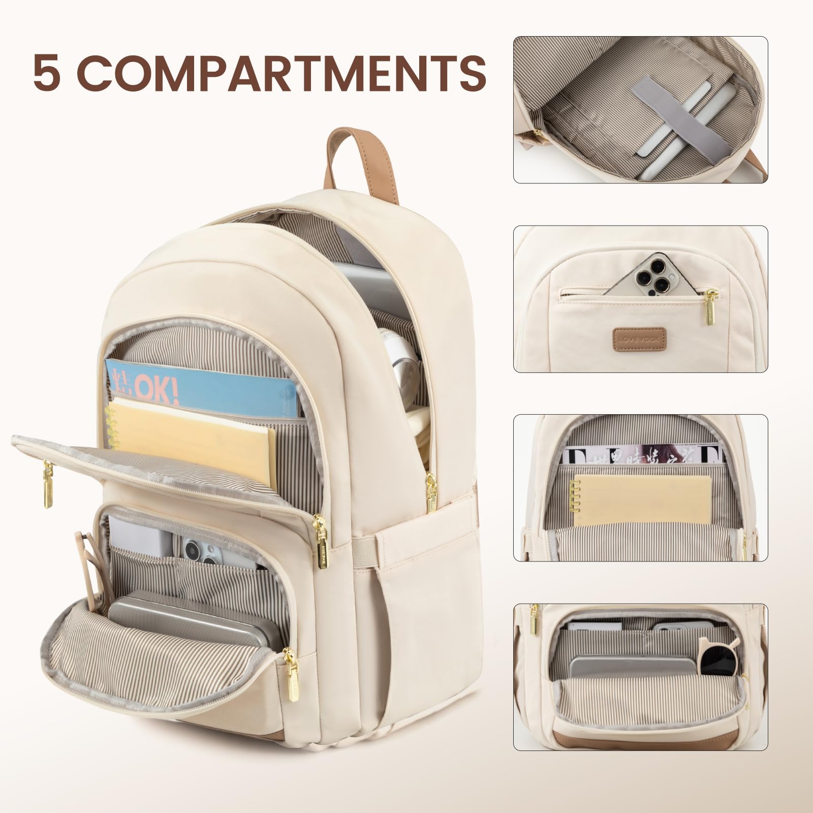 LOVEVOOK Waterproof Laptop Backpack for Women - 15.6 Inch Travel & Work Backpack with USB Charging Port, Lightweight College Computer Bag (Beige) - Perfect for Business Trips, Commuting & Campus Life