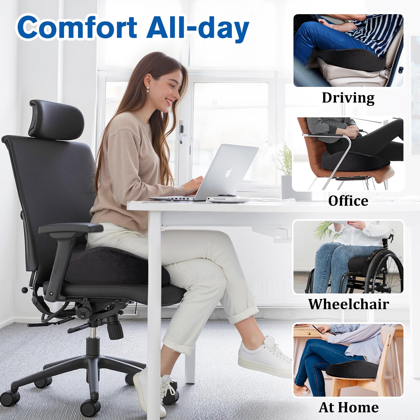Memory Foam Seat Cushion for Office Chair, Wheelchair & Car - Anti-Slip Bottom with Removable Cover for Tailbone Pain Relief - Perfect for Home Office, Long Drives & Mobility Comfort (Black)