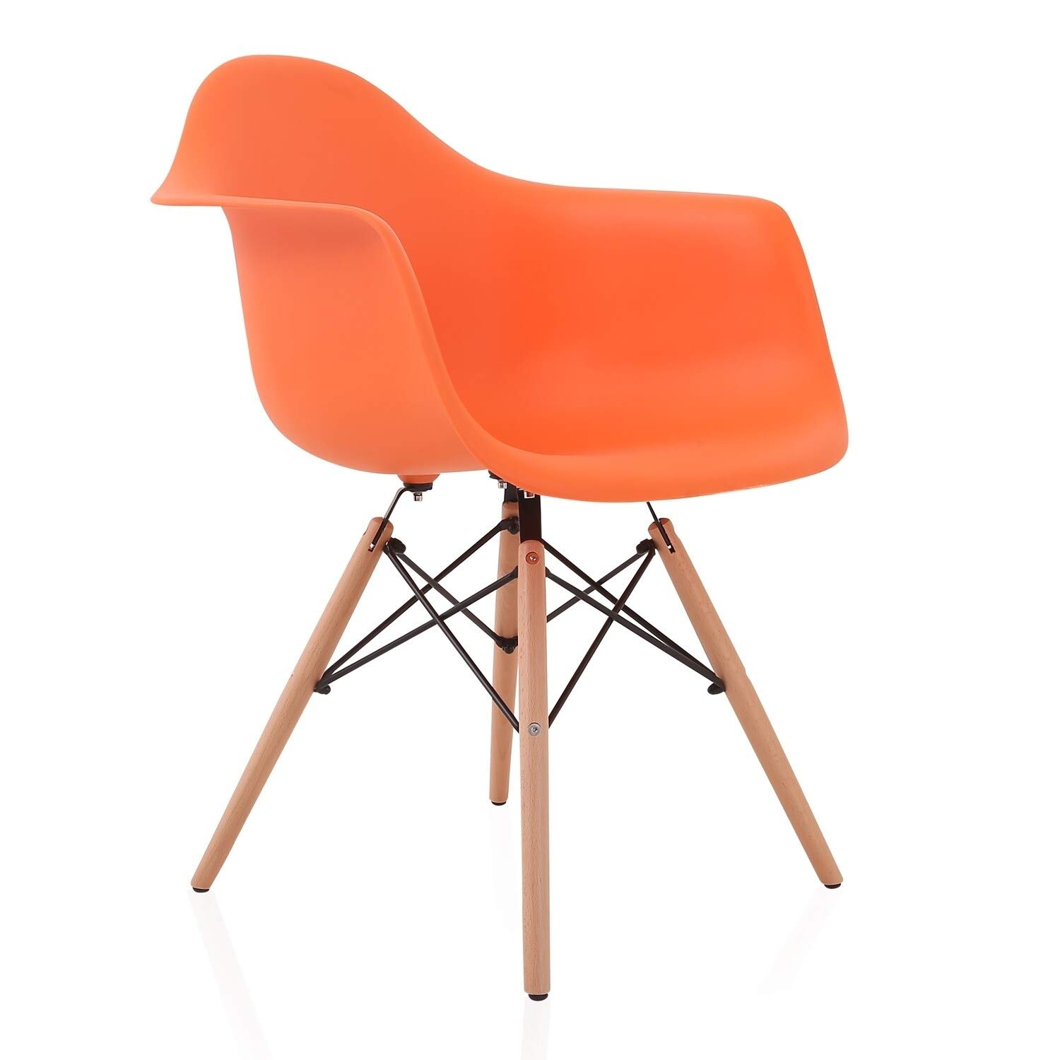 Nordic Orange Molded Plastic Dining Chair with Beech Wood Eiffel Legs - Modern Comfortable Armchair for Kitchen, Dining Room & Outdoor Patio Use