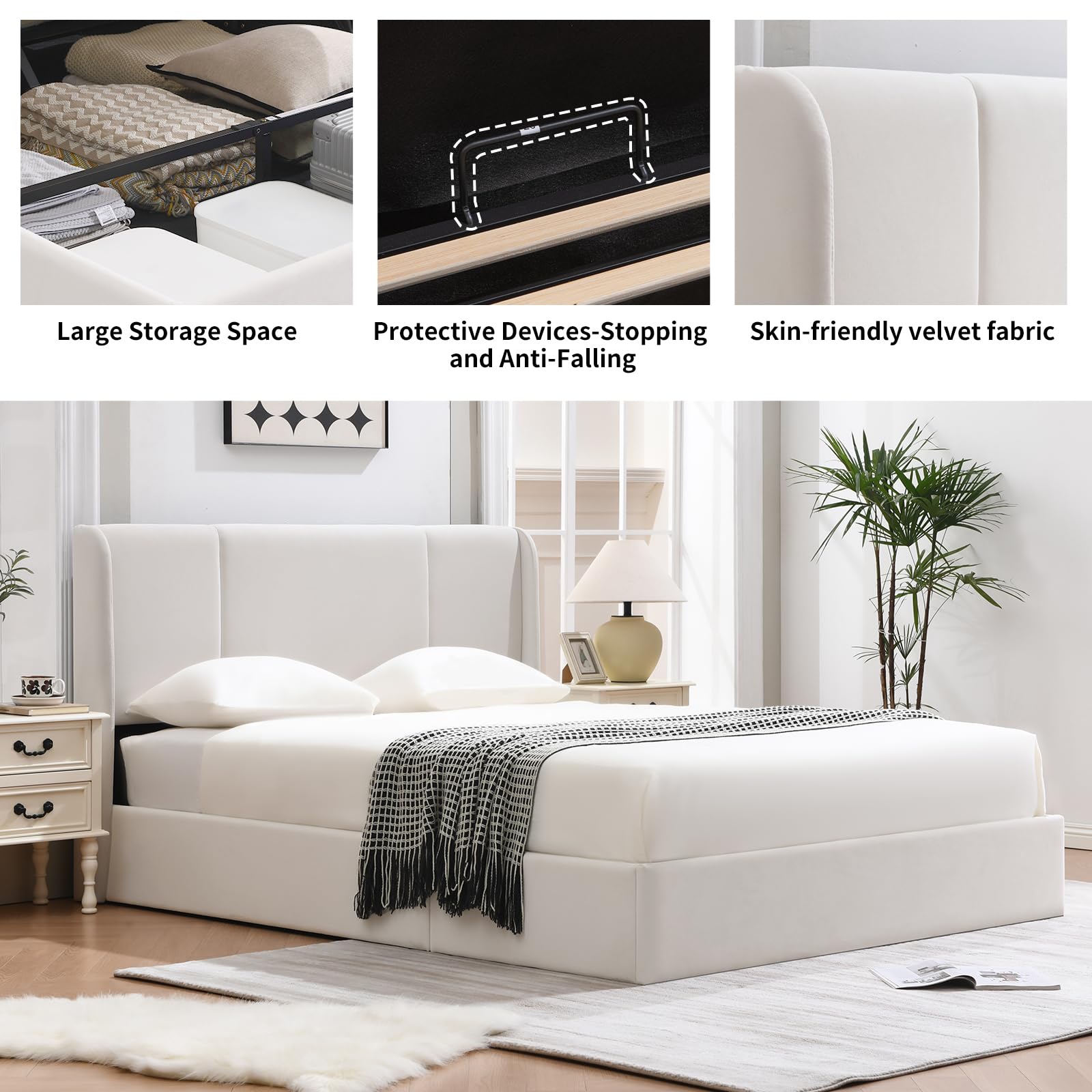VELOCAVA Queen Size Upholstered Platform Storage Bed with Wingback Headboard - Hydraulic Lift Up Design, No Box Spring Needed, Large Under Bed Storage Space - Perfect for Small Bedrooms & Guest Rooms (White)