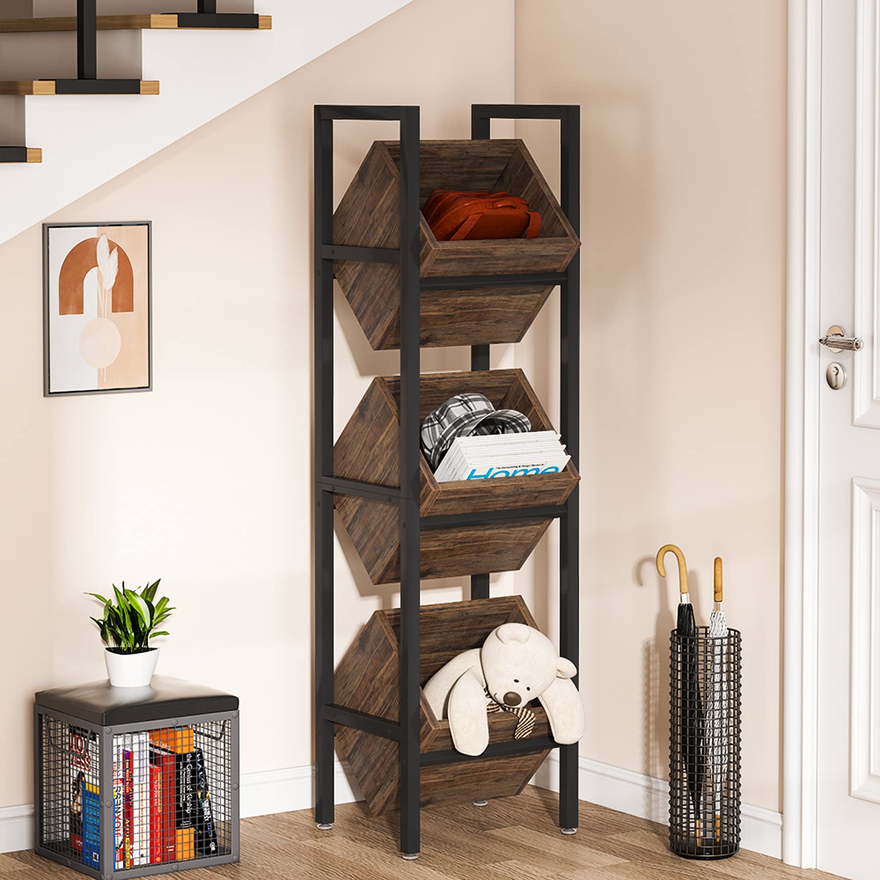 Tribesigns 3-Tier Wooden Basket Stand - Rustic Vertical Storage Organizer with Baskets for Kitchen, Bathroom, Living Room - Perfect for Fruit, Snacks, Towels & Home Organization