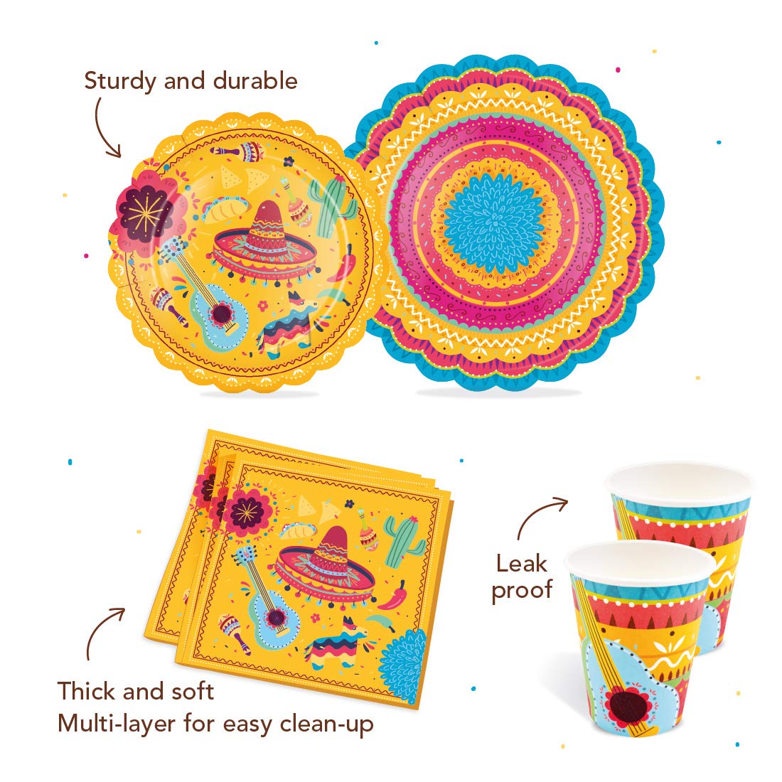 Vibrant Mexican Fiesta Party Supplies Set - 16 Large Dinner Plates, 16 Dessert Plates, 16 Cups & 16 Napkins | Perfect for Cinco de Mayo, Birthday Parties, Taco Nights & Themed Celebrations | Durable Disposable Tableware for Outdoor Gatherings & Family Events