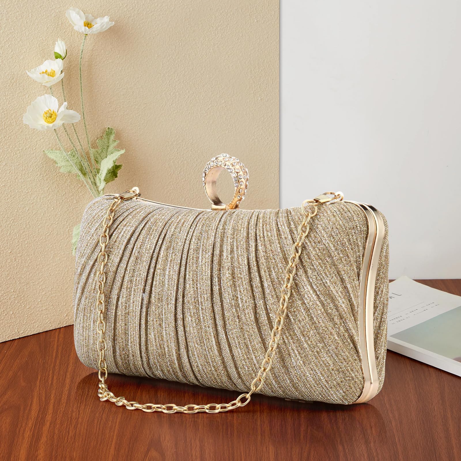 Simcat Women's Gold Glitter Clutch Purse - Elegant Pleated Evening Handbag for Formal Events, Bridal Wedding, Prom & Special Occasions | Perfect for Parties, Dinners & Date Nights
