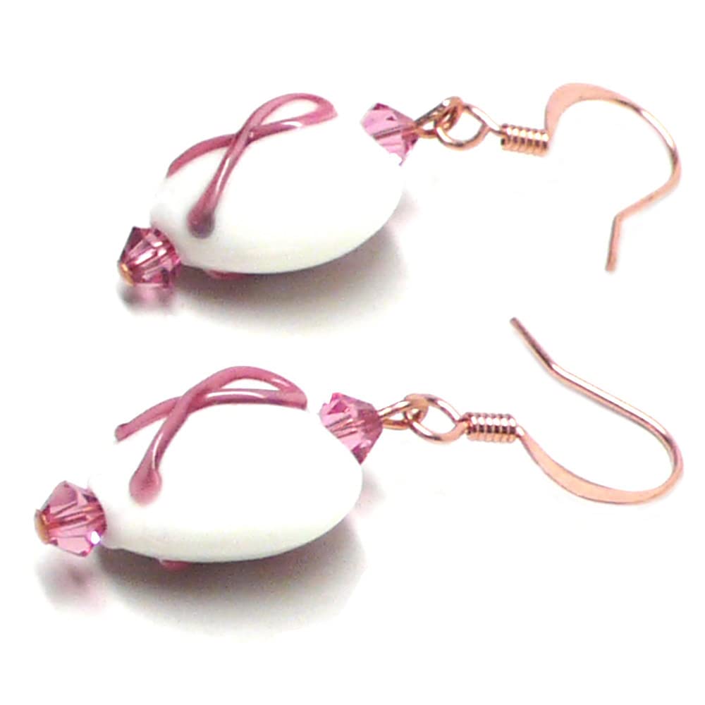 Pink Ribbon Awareness White Glass Heart Earrings - 14mm Copper Pierced or Clip On for Women - Perfect for Breast Cancer Awareness Events, Fundraisers & Everyday Wear