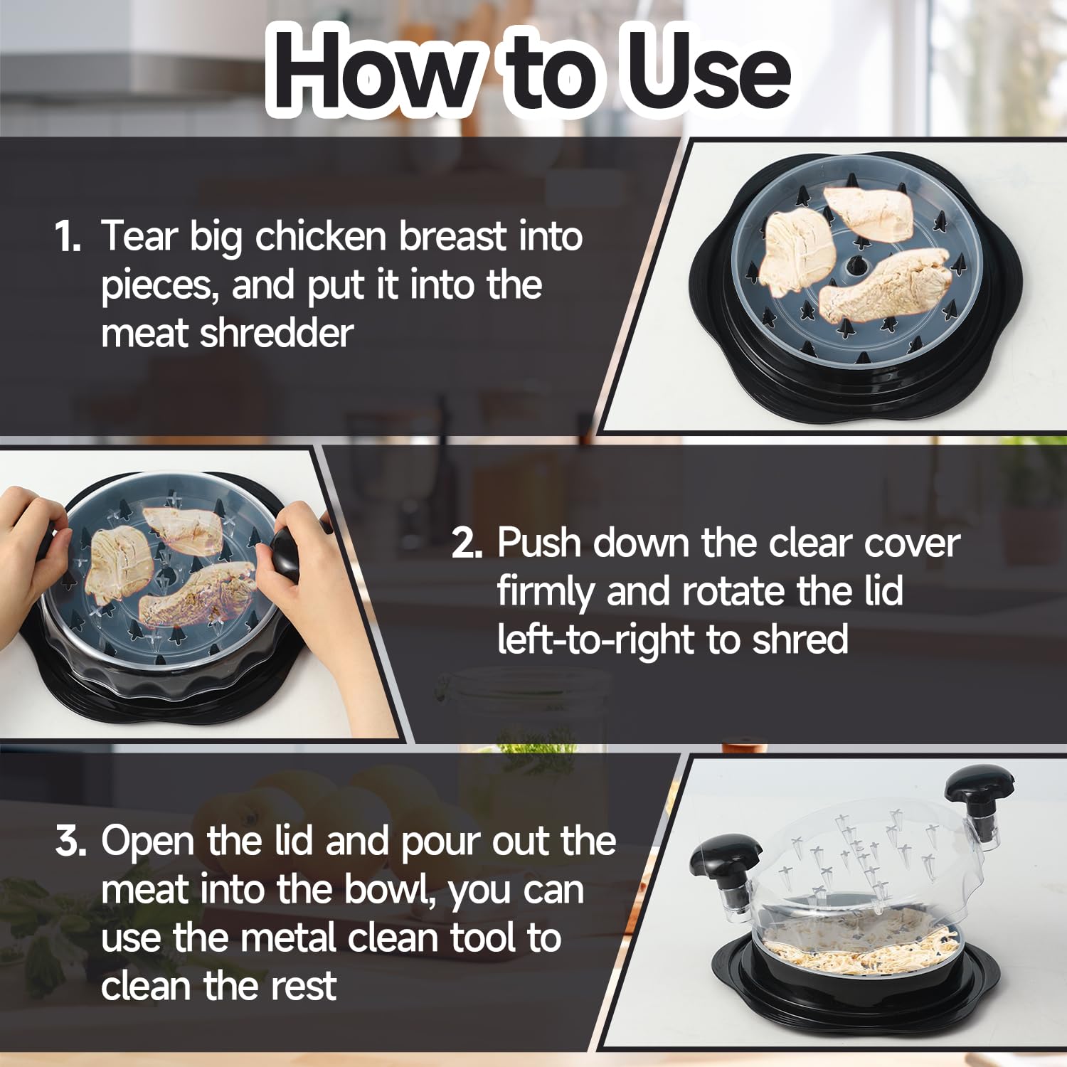 Premium Chicken Shredder Tool - Large BPA-Free Meat Shredder with Brush & Fork, Anti-Slip Ergonomic Handle for Pulled Chicken, BBQ, Tacos, Salads - Includes Separate Plate (10x10x2 Inches, Black)