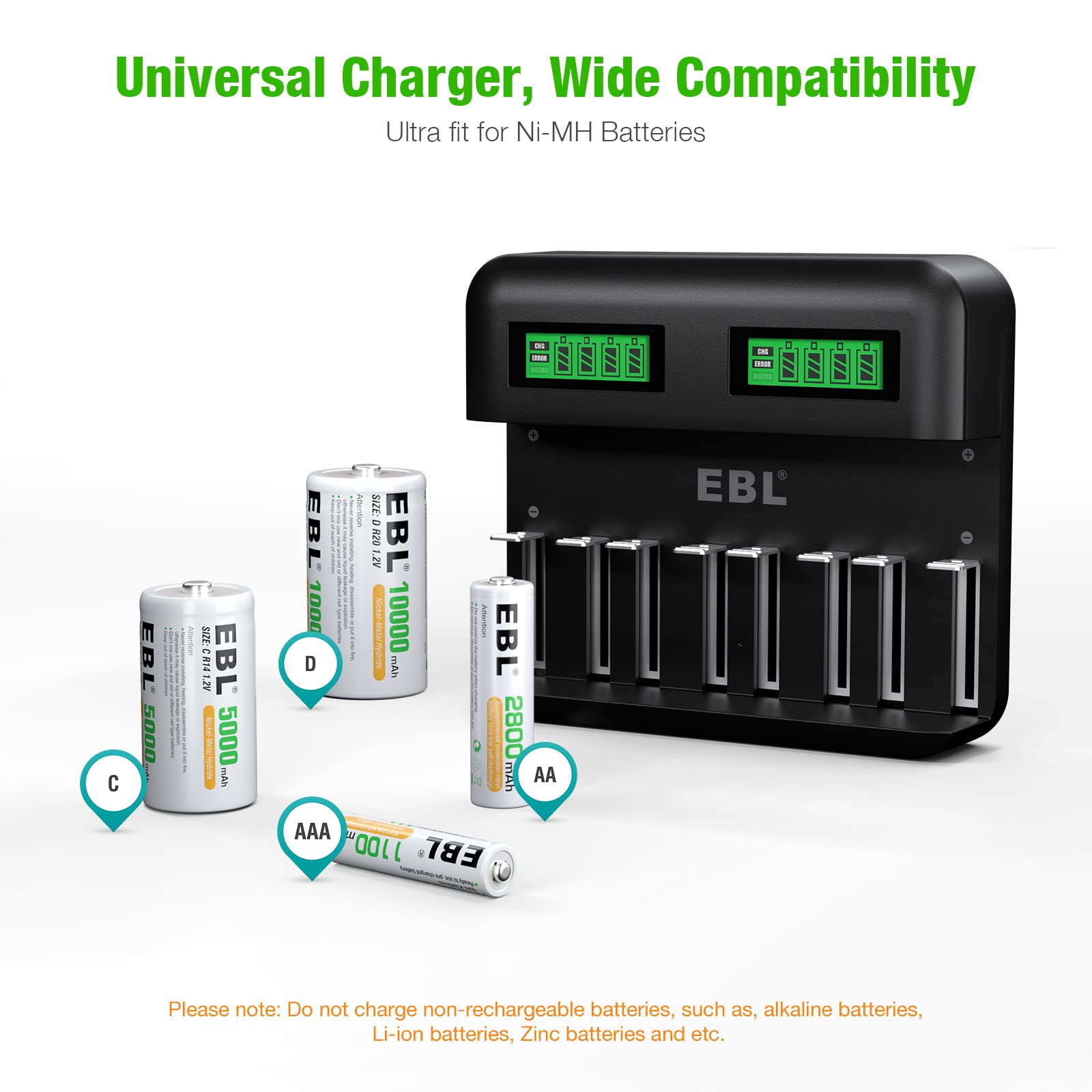 EBL Rechargeable C Batteries (4 Pack) with LCD Battery Charger - Compatible with Ni-MH AA AAA C D Batteries - Perfect for Flashlights, Toys, and Home Electronics