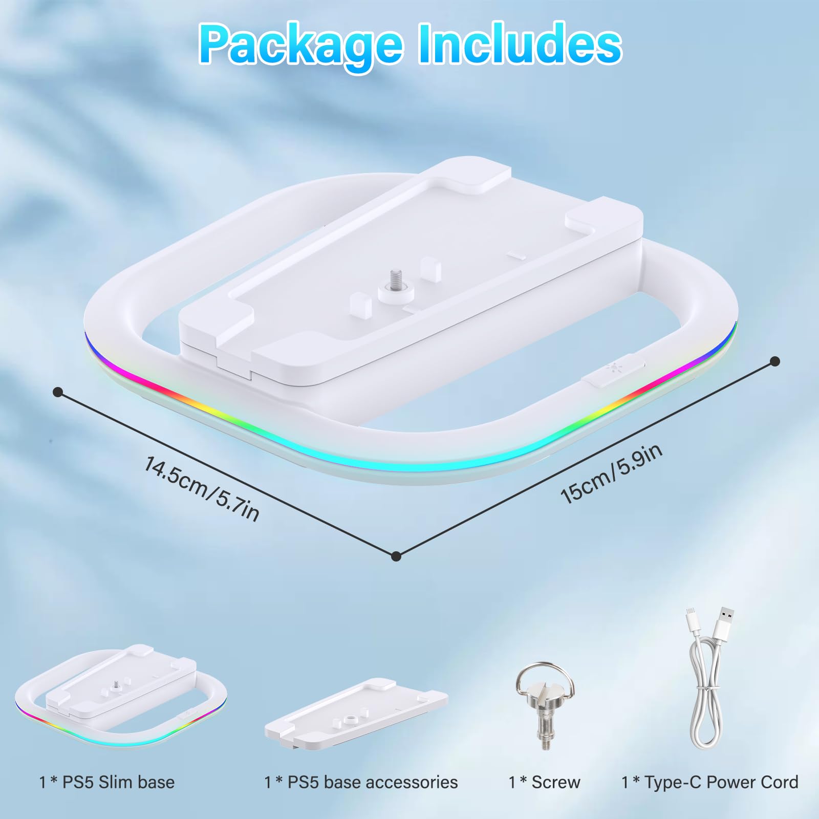 PS5/PS5 Slim Vertical Stand with 7 RGB Modes - Stable Holder for Disc & Digital Consoles - Includes Screw & USB-C Cable - Perfect for Gaming Setup & Display