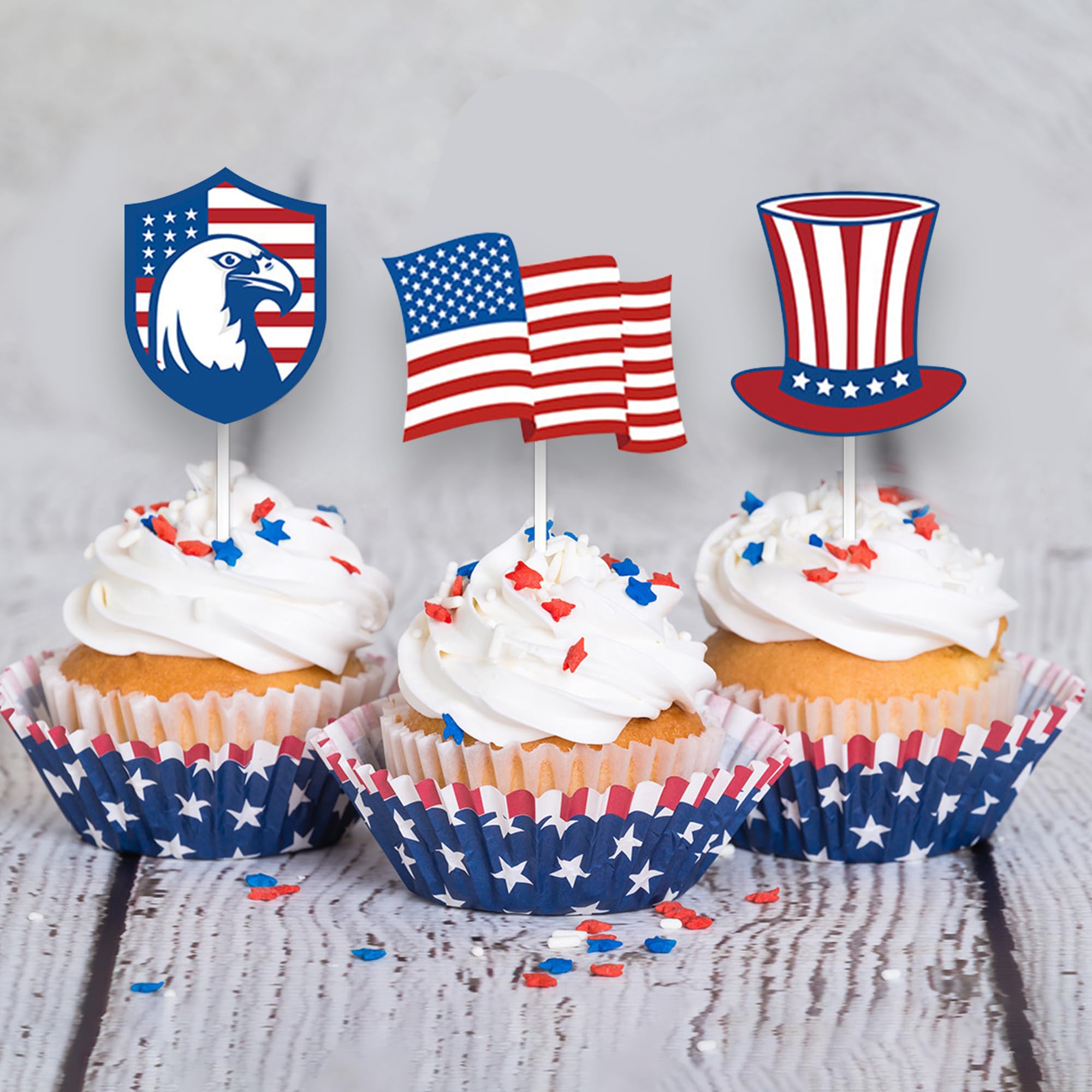 24-Piece Patriotic Cupcake Toppers for 4th of July - Red, White & Blue Independence Day Decorations | Perfect for Cupcake Decorating, Birthday Parties & Holiday Celebrations