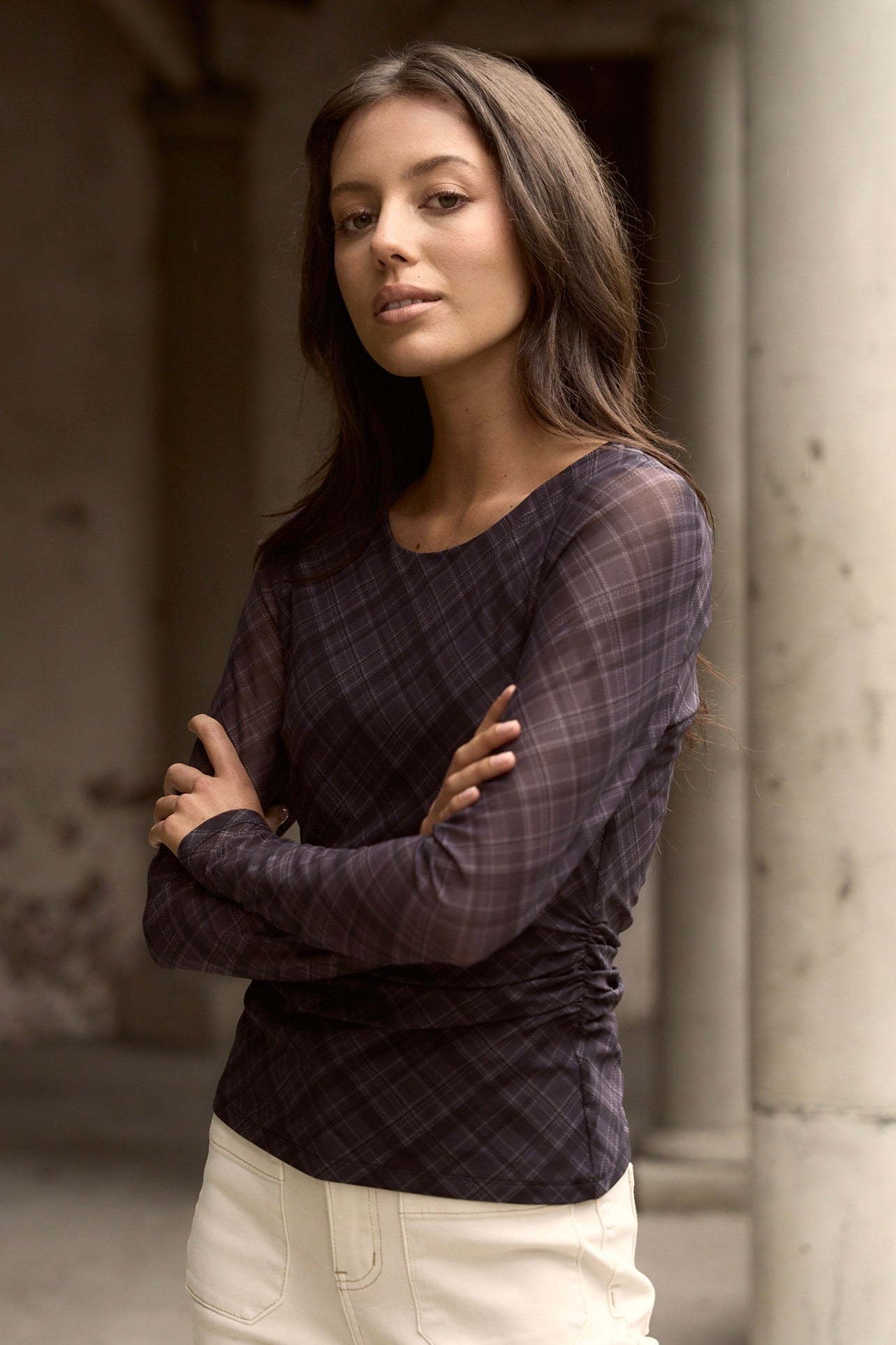 Charcoal Check Long Sleeve Wide Neck Top for Women - Stylish & Comfortable Fall Fashion - Perfect for Casual Outings & Layering