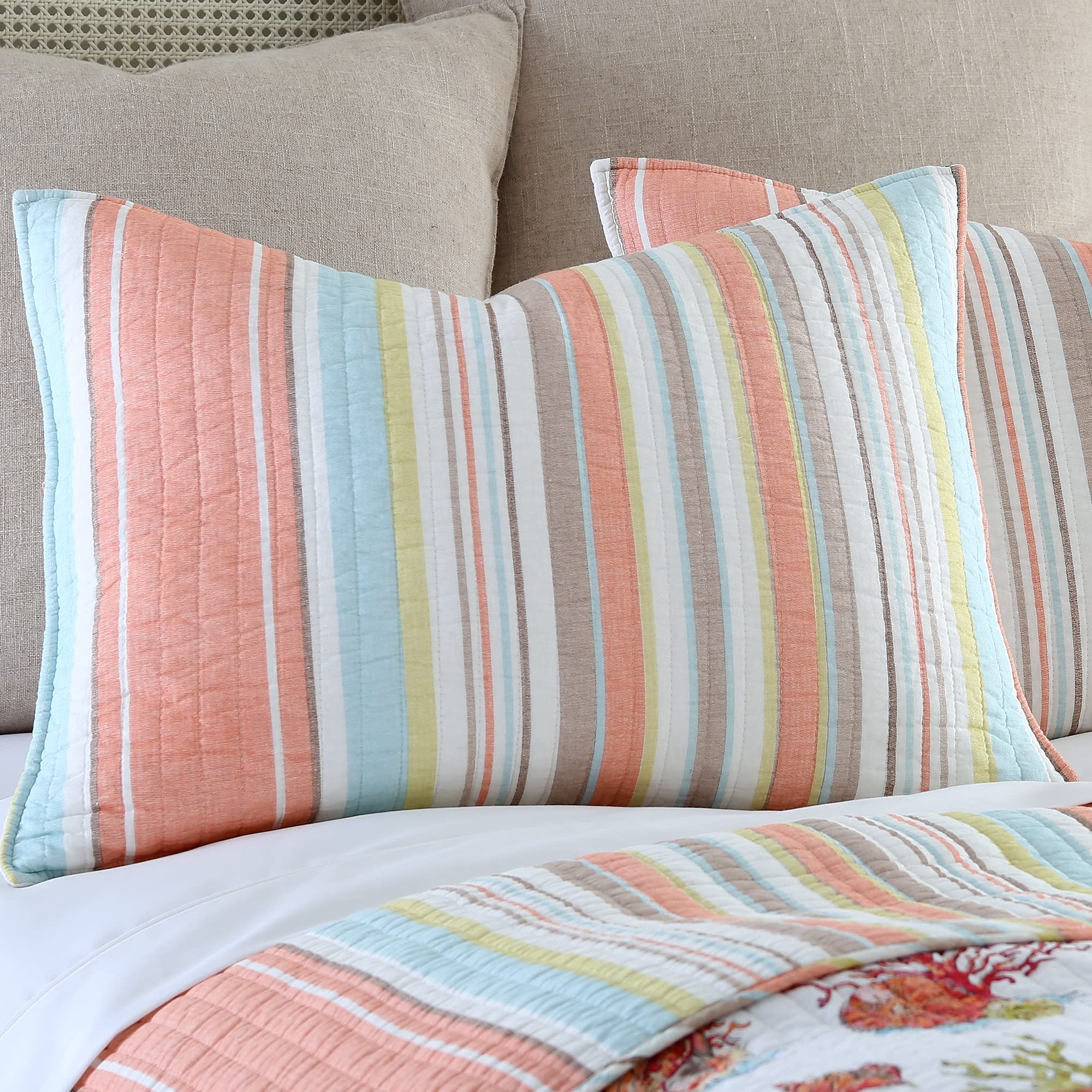 Levtex Home Brighton Coral Twin Cotton Quilt Set - Striped Coastal Bedding for Beach House, Guest Room & Nursery | Soft Breathable Quilt with Matching Shams