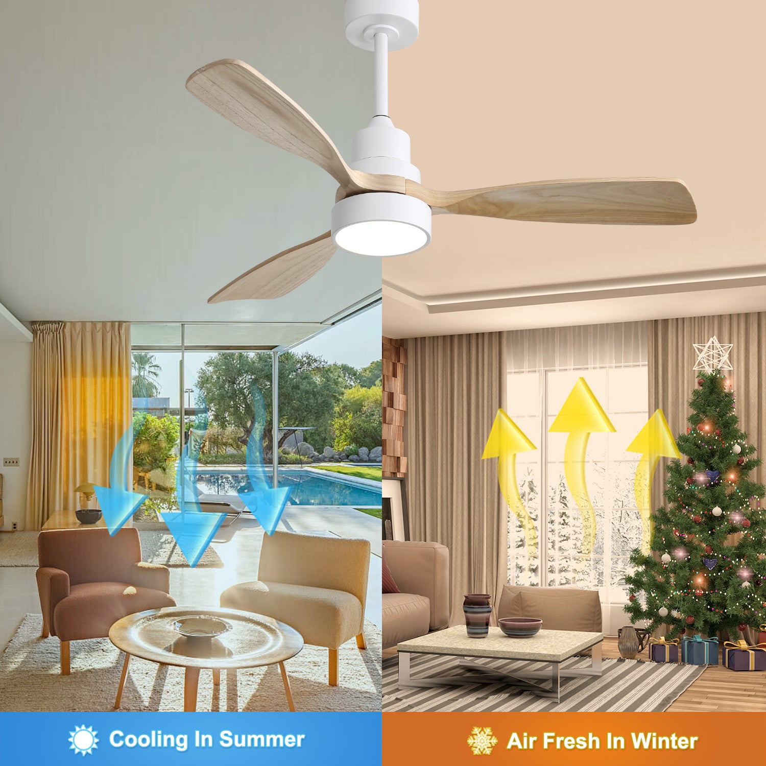 48 Inch Indoor Ceiling Fan with Light - 3 Solid Wood Blades, Remote Control, Reversible DC Motor - Perfect for Living Room, Bedroom & Dining Room Home Decor