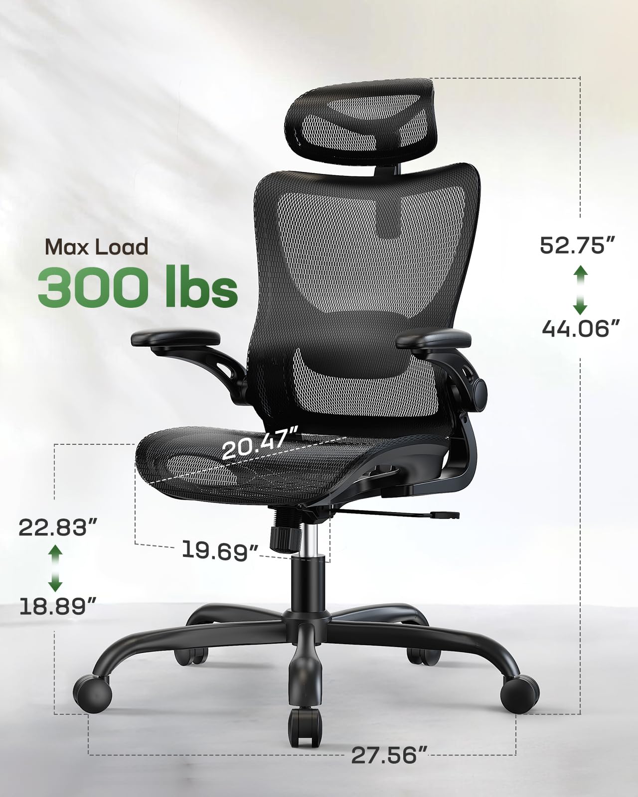 Ergonomic Mesh Office Chair with Lumbar Support - High Back Adjustable Desk Chair for Home Office & Gaming, 2D Headrest & 3D Flip-Up Armrests, Perfect for Long Work Sessions & Comfortable Gaming Setup