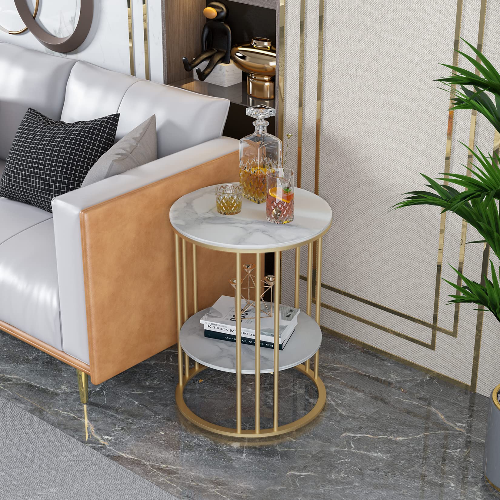 Wisfor Sintered Stone End Table - 2 Tier Round White Side Table with Golden Frame - Modern Small Coffee Table & Nightstand for Living Room, Bedroom - Perfect for Holding Drinks, Books & Decor
