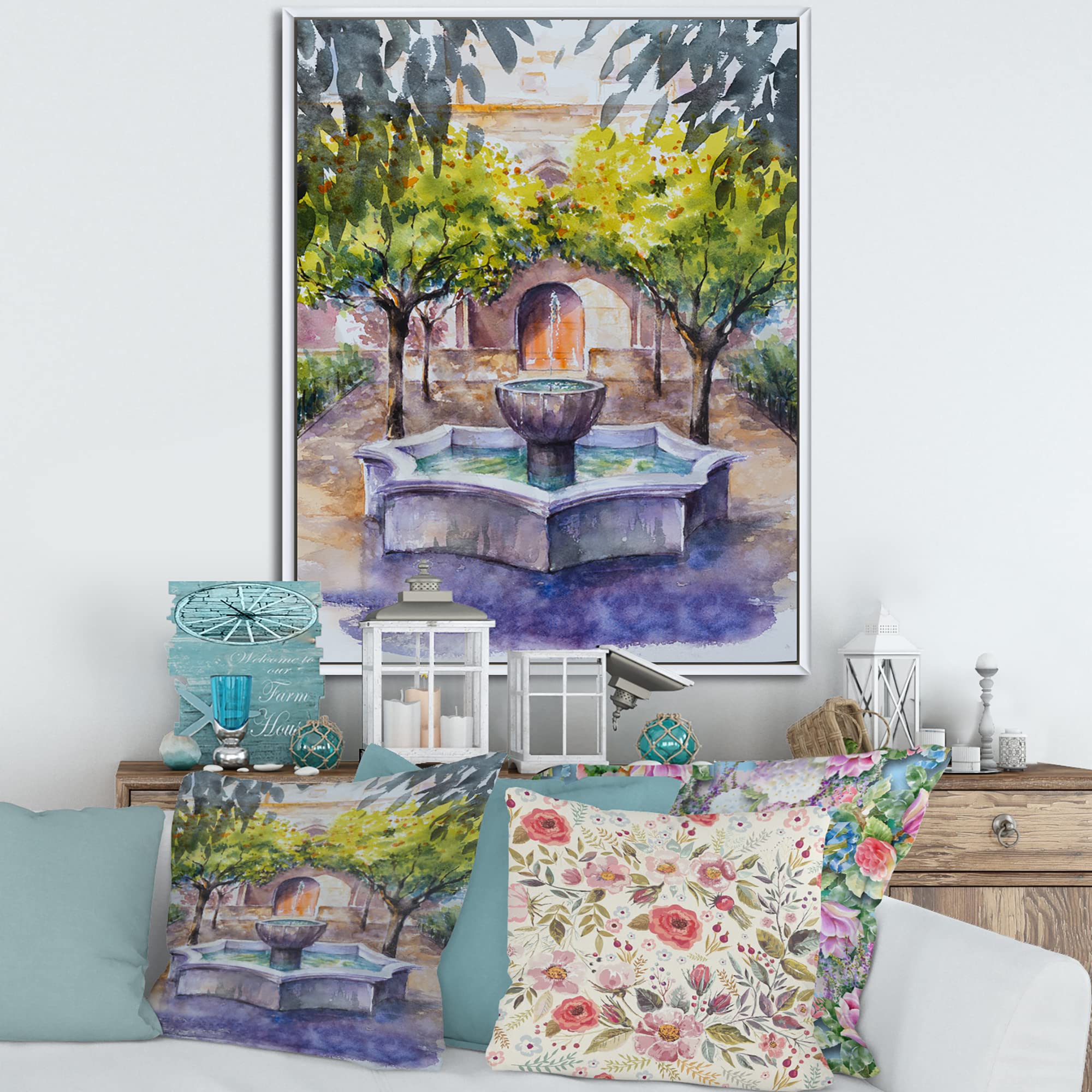 DesignQ Small Fountain Picture With Trees In The Village - Country Framed Canvas Wall Art Print for Living Room, Bedroom & Office Decor | Rustic Landscape Painting Home Decoration