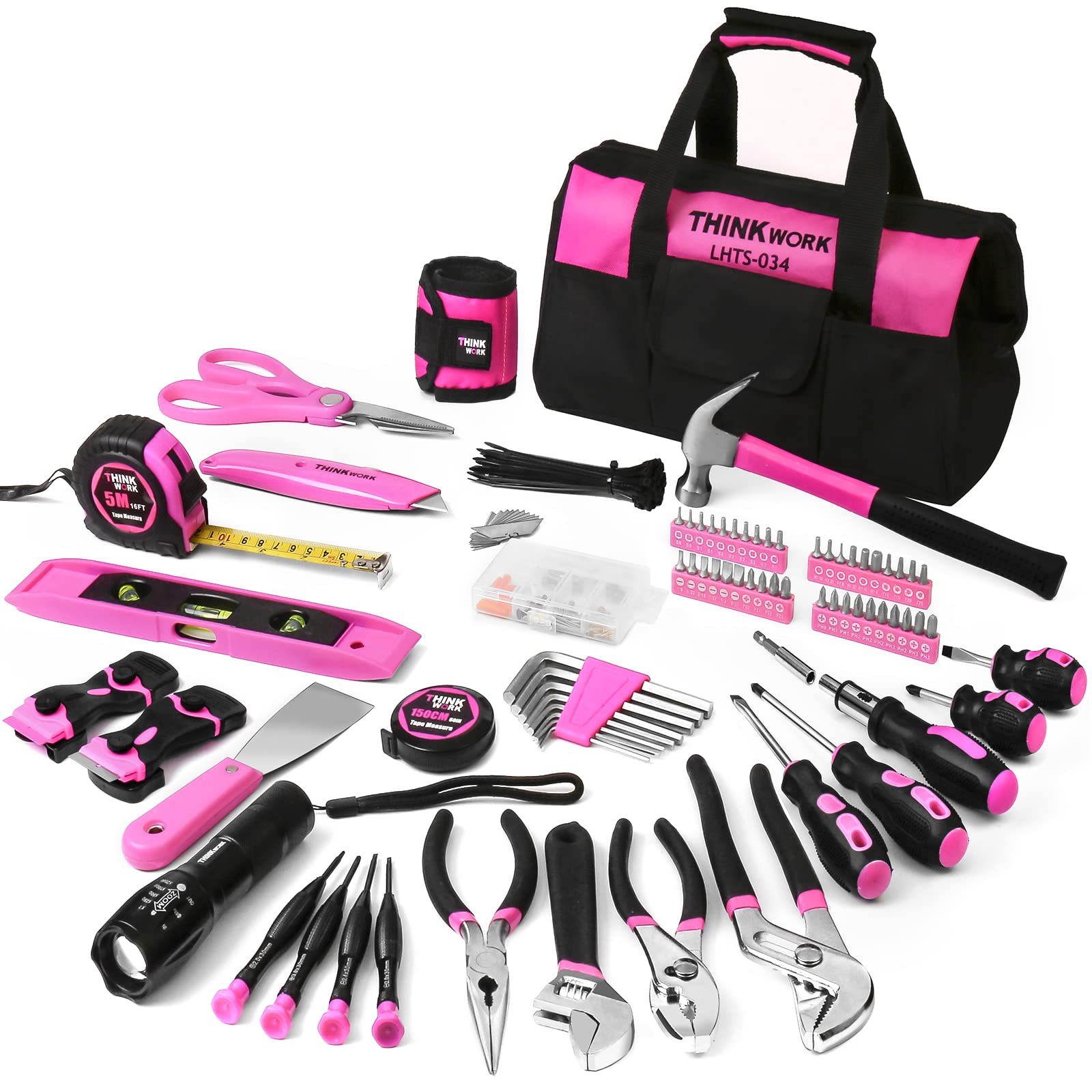 THINKWORK 207-Piece Pink Tool Set for Women - Portable Home Repair Tool Kit with 13'' Wide Mouth Storage Bag | DIY Projects, Household Maintenance | Perfect Christmas Gift for Her | LHTS-034 | Ideal for Home Improvement, Apartment Fixes & Crafting Projects