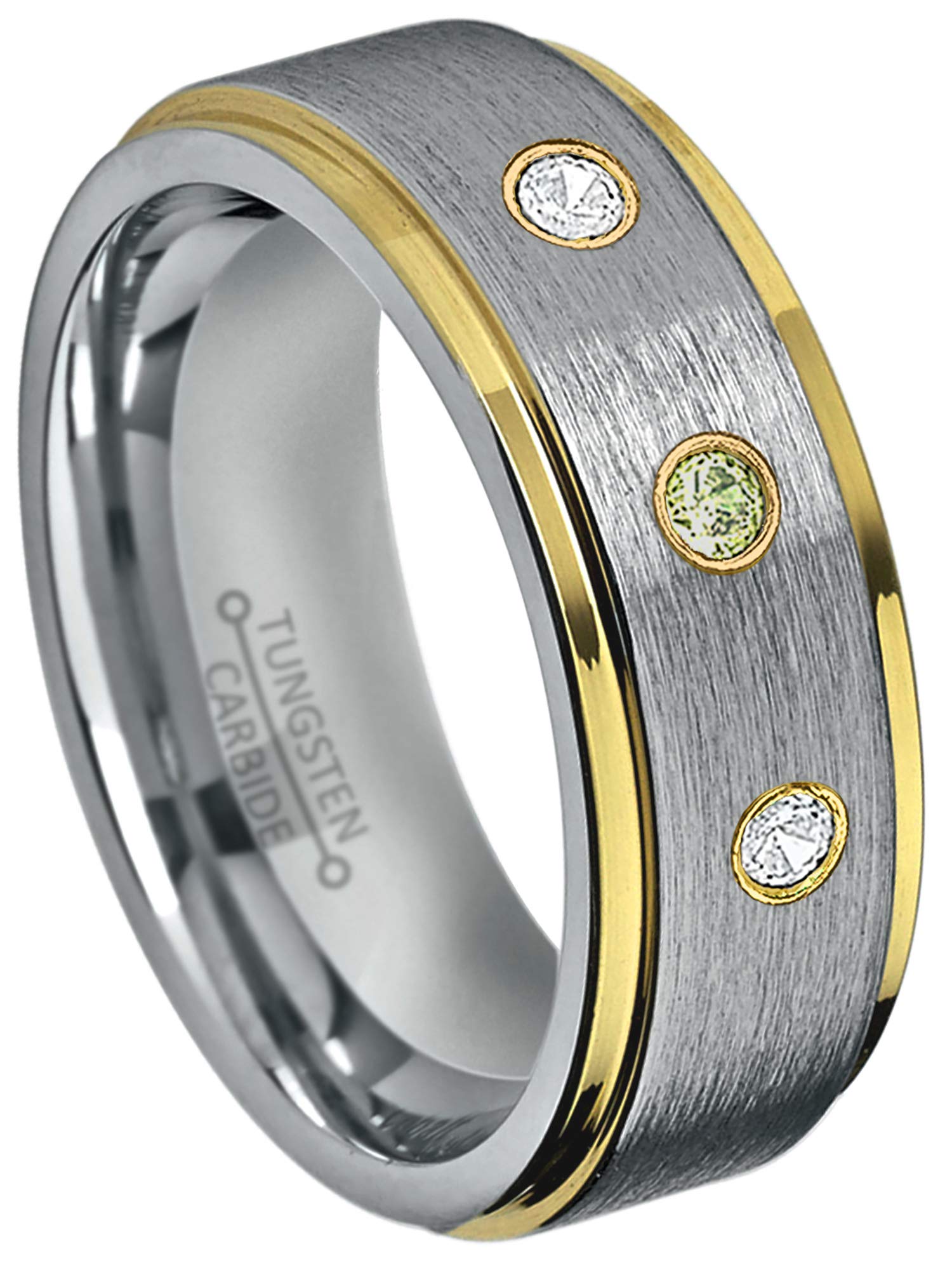 8MM Brushed 2-Tone Tungsten Carbide Wedding Band for Men - 0.21ctw Peridot & Diamond 3-Stone Ring | Durable Comfort Fit Jewelry for Anniversary, Engagement & Everyday Wear