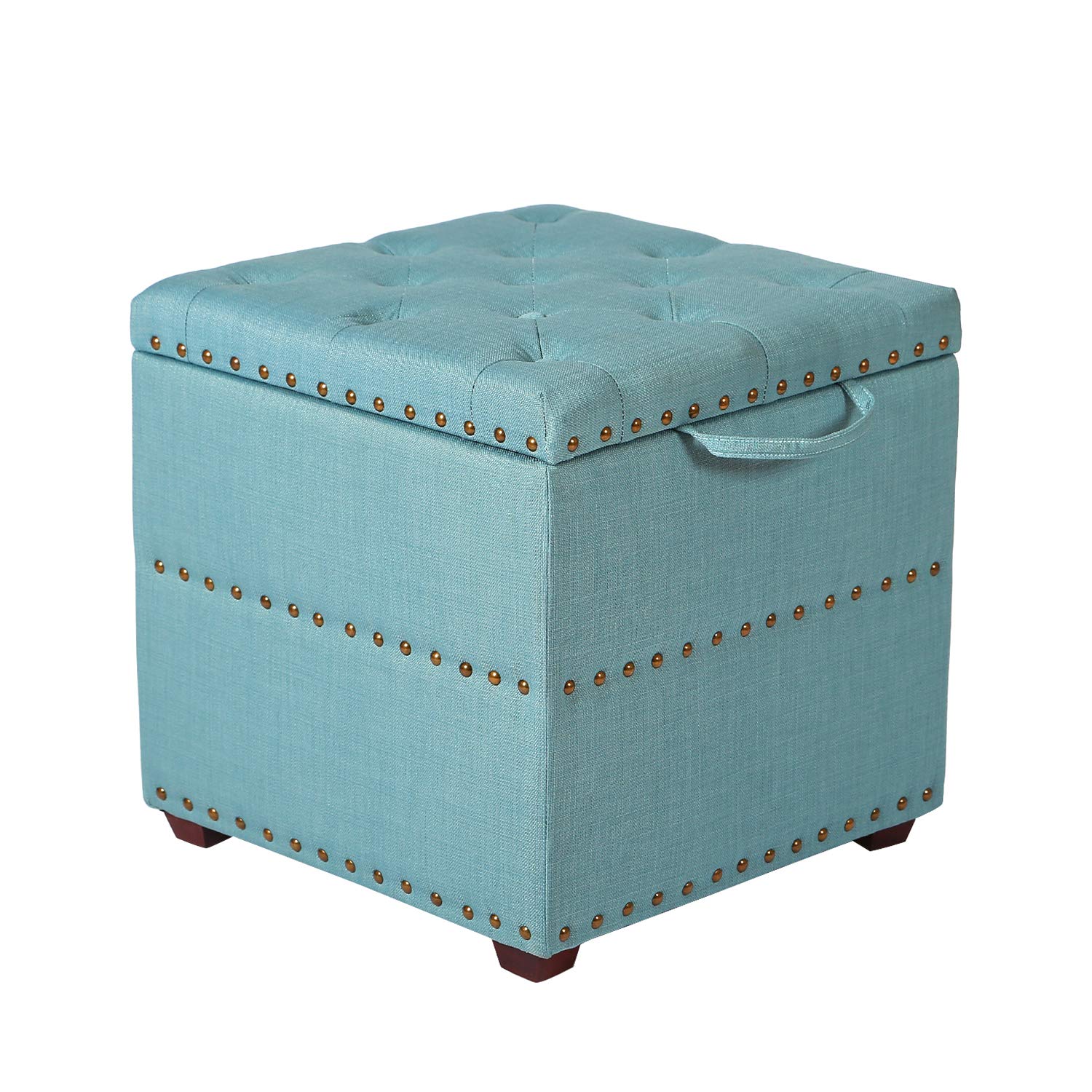 Adeco European Style Fabric Storage Ottoman Bench with Wooden Legs & Nailhead Trim - Blue Cube Footstool for Living Room, Bedroom & Entryway