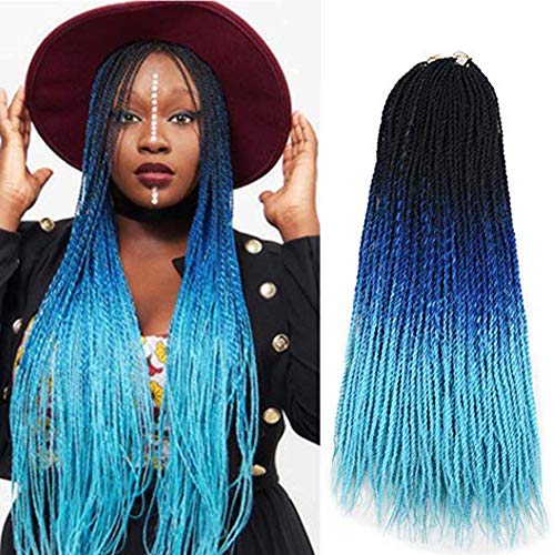Ombre Blue Senegalese Twist Crochet Braids Hair Extensions - 24 Inch 3-Tone Synthetic Braiding Hair (3 Packs Black/Blue/Light Blue) - Heat Resistant Fiber for Black Women - Perfect for Protective Styles, Weddings & Everyday Wear