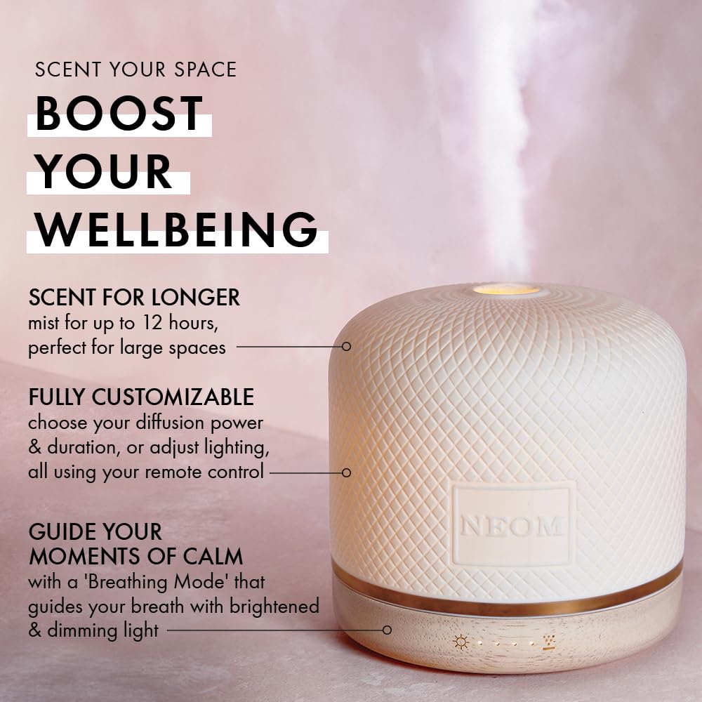 NEOM Wellbeing Pod Luxe - Premium Ultrasonic Essential Oil Diffuser with Ceramic Cover, Remote Control, LED Light & Timer | Aromatherapy Device for Home, Office, Yoga & Spa | Relaxing Home Fragrance Diffuser for Stress Relief & Better Sleep
