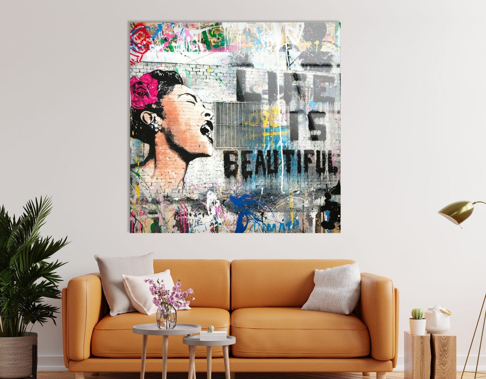 Banksy Life is Beautiful Glass Wall Art - Modern Home Decor for Living Room, Bedroom & Office - Unique Street Art Inspired Glass Print