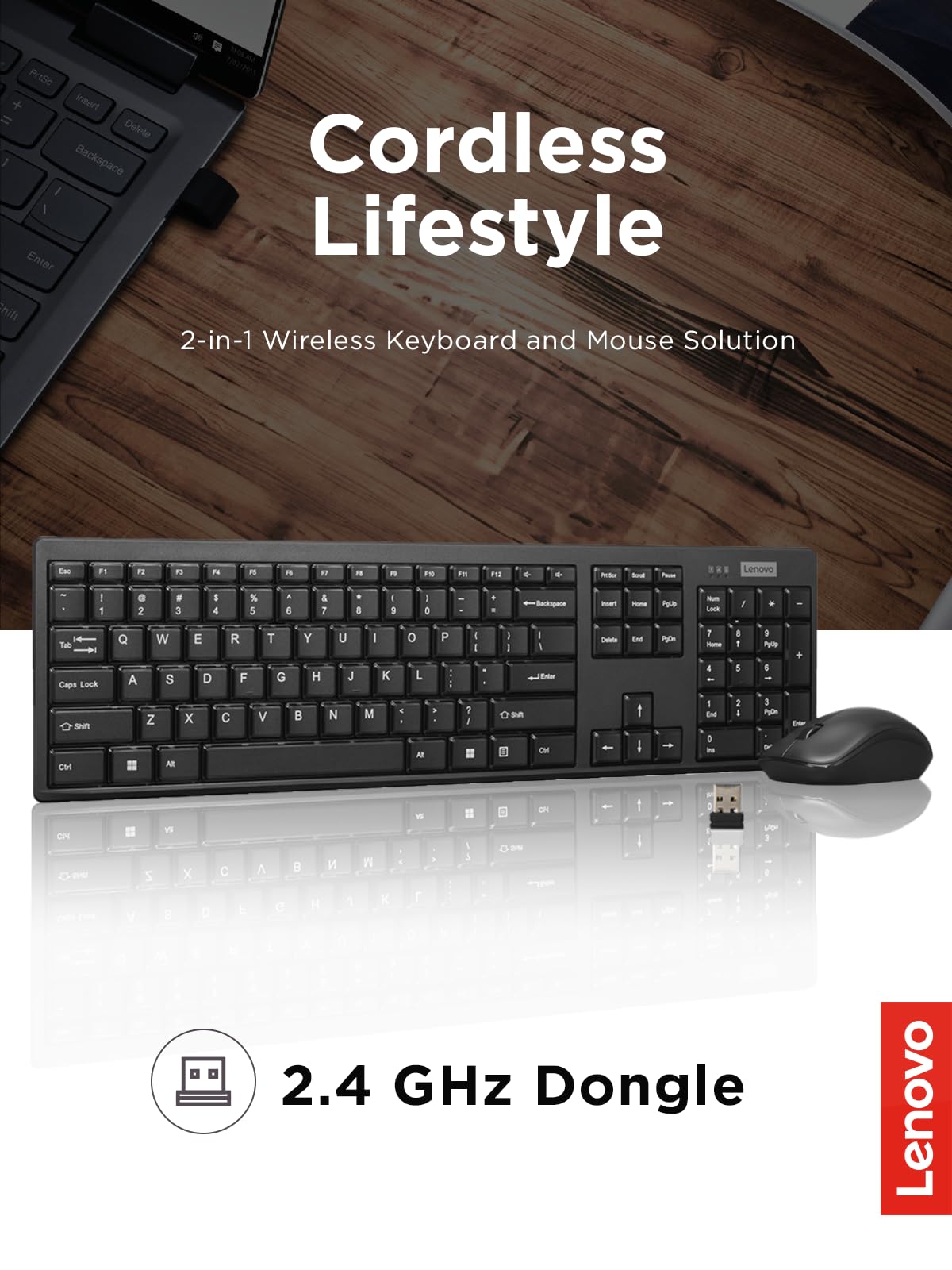 Lenovo 100 Wireless Keyboard and Mouse Combo - Spill-Resistant Quiet Keys, 3-Zone Keyboard, Ambidextrous Mouse - Compact Wireless USB Set for Office, Home & Gaming (Black)