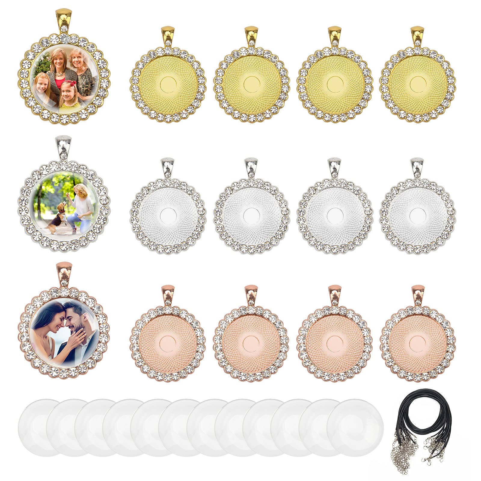 Coolrunner 45Pcs Round Pendant Trays Set - 15Pcs 25mm Blank Bezel Trays, 15Pcs Glass Cabochons & 15Pcs Black Waxed Necklace Cords for DIY Jewelry Making, Photo Charms, Keychains - Perfect for Handmade Gifts, Craft Projects & Personal Accessories