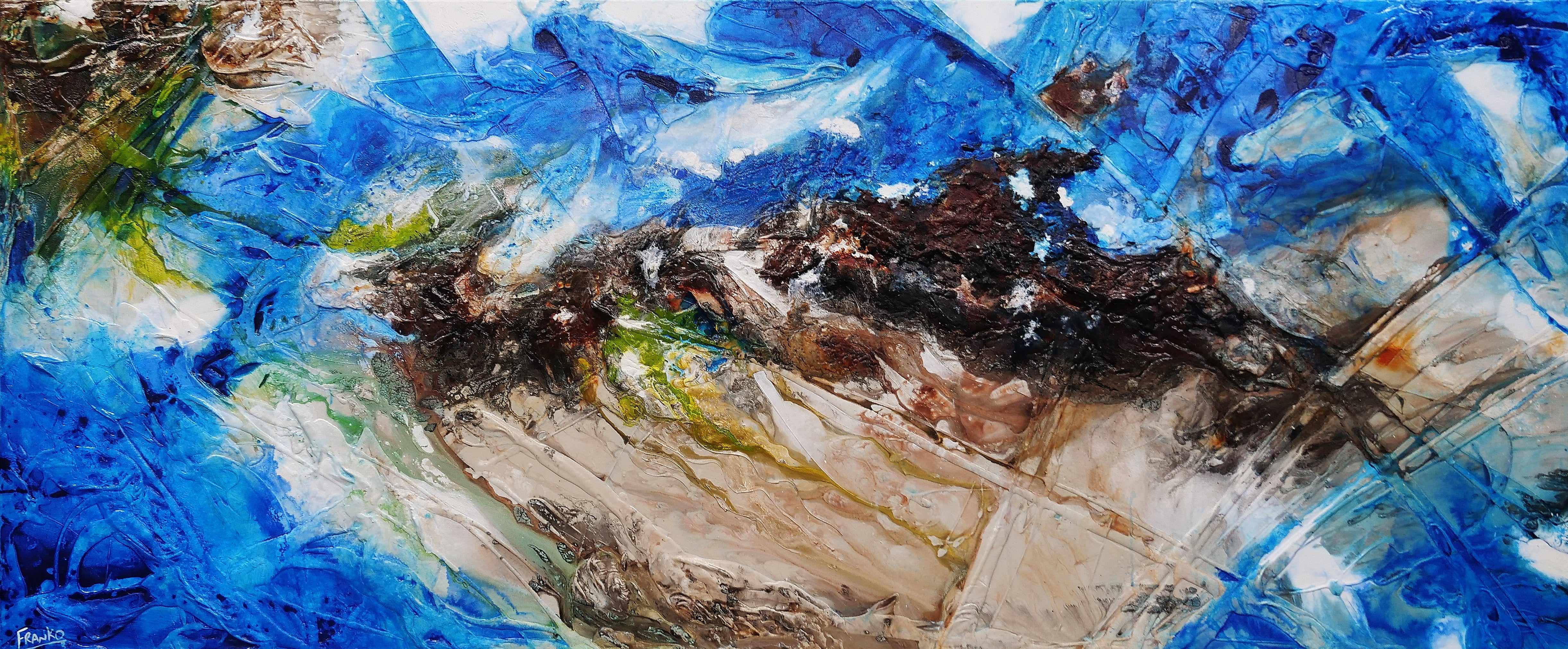 Outback Aquatic 240cm x 100cm Blue Brown Textured Abstract Canvas Wall Art - Modern Home Decor for Living Room, Bedroom & Office