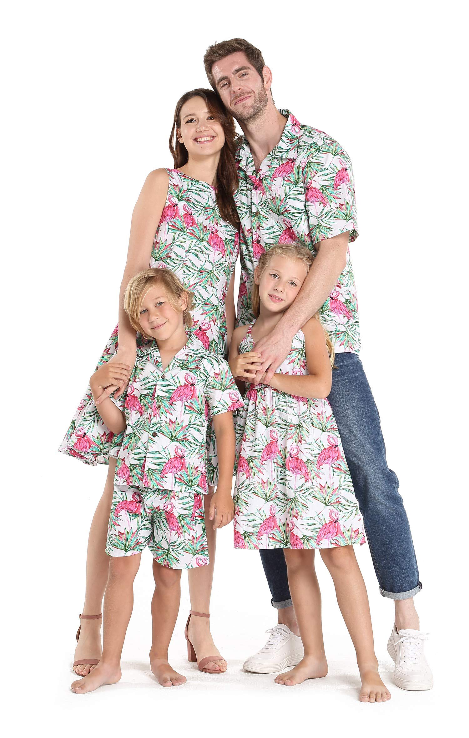 Father Daughter Matching Hawaiian Dance Shirts - Floral Muumuu Dress Set with Love Flamingo Print for Luau Party & Family Vacation Outfits