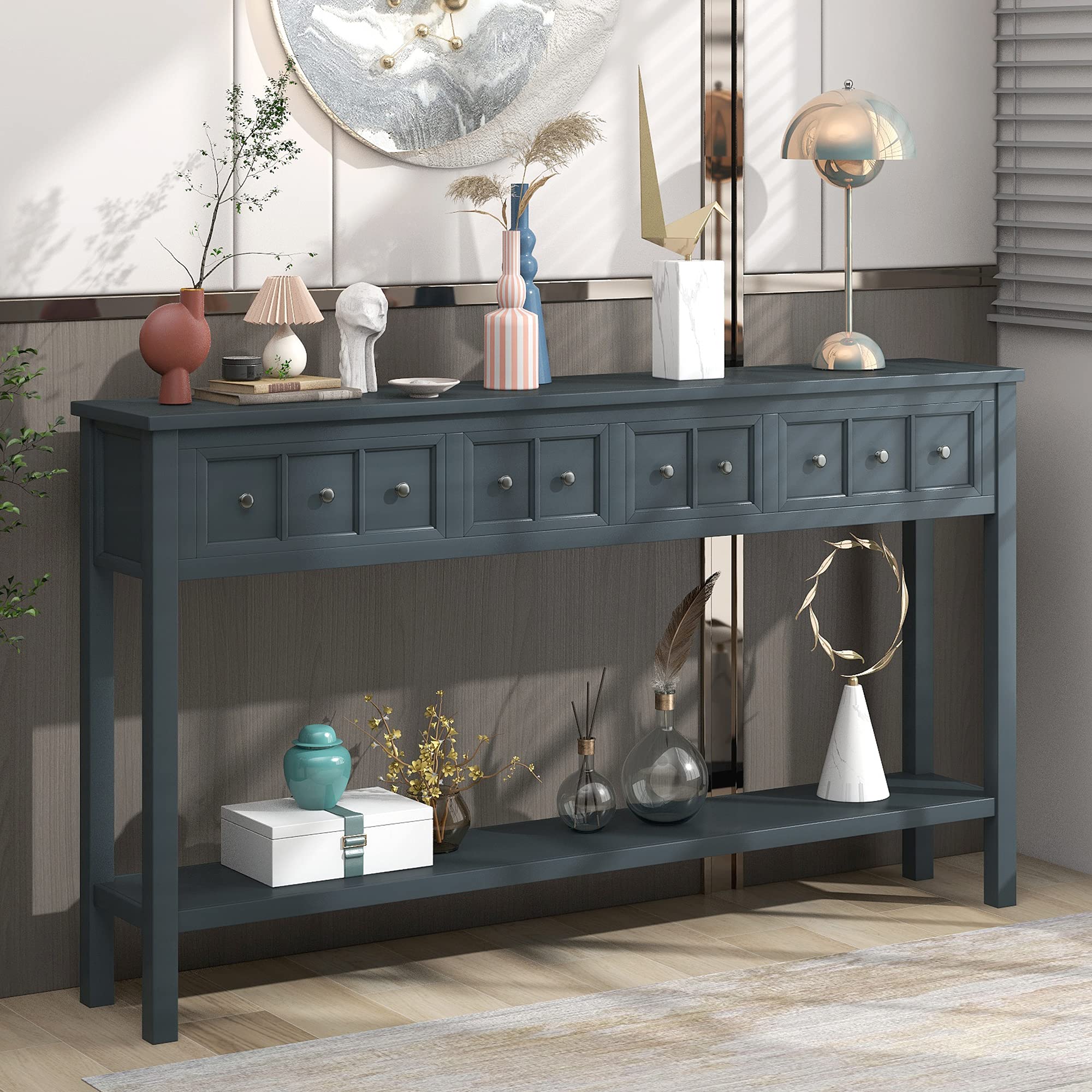 Merax Rustic Farmhouse Entryway Table with Storage Drawers & Bottom Shelf - Navy Blue Console Sofa Table for Living Room, Hallway & Home Decor | Perfect for Entryway Organization & Stylish Home Furnishing