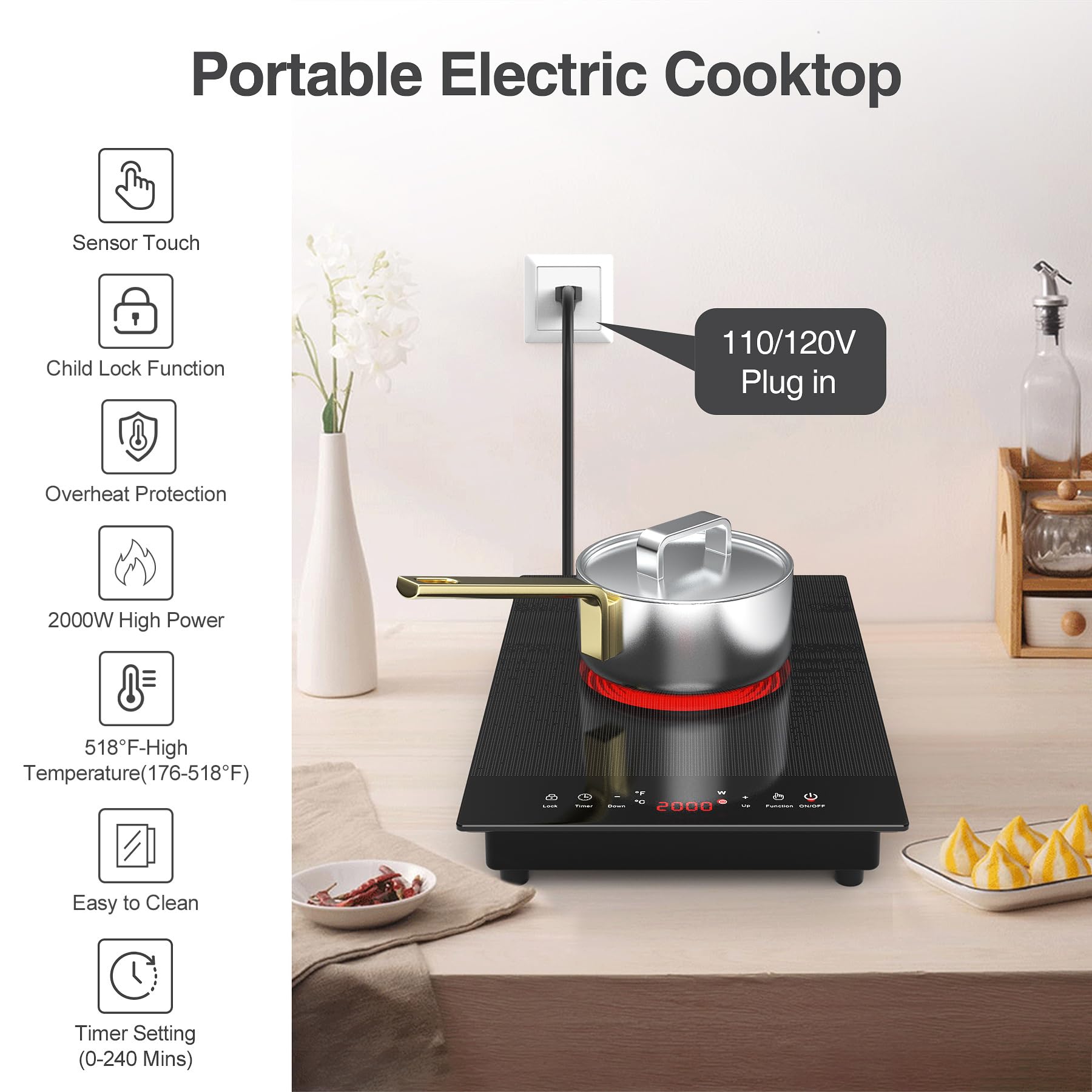 VBGK 2000W Portable Induction Cooktop - 110V Electric Stove Top with LED Touch Control, 9 Power Levels, Child Lock & Timer, Overheat Protection - Perfect for Small Kitchens, Dorms, RVs & Outdoor Cooking