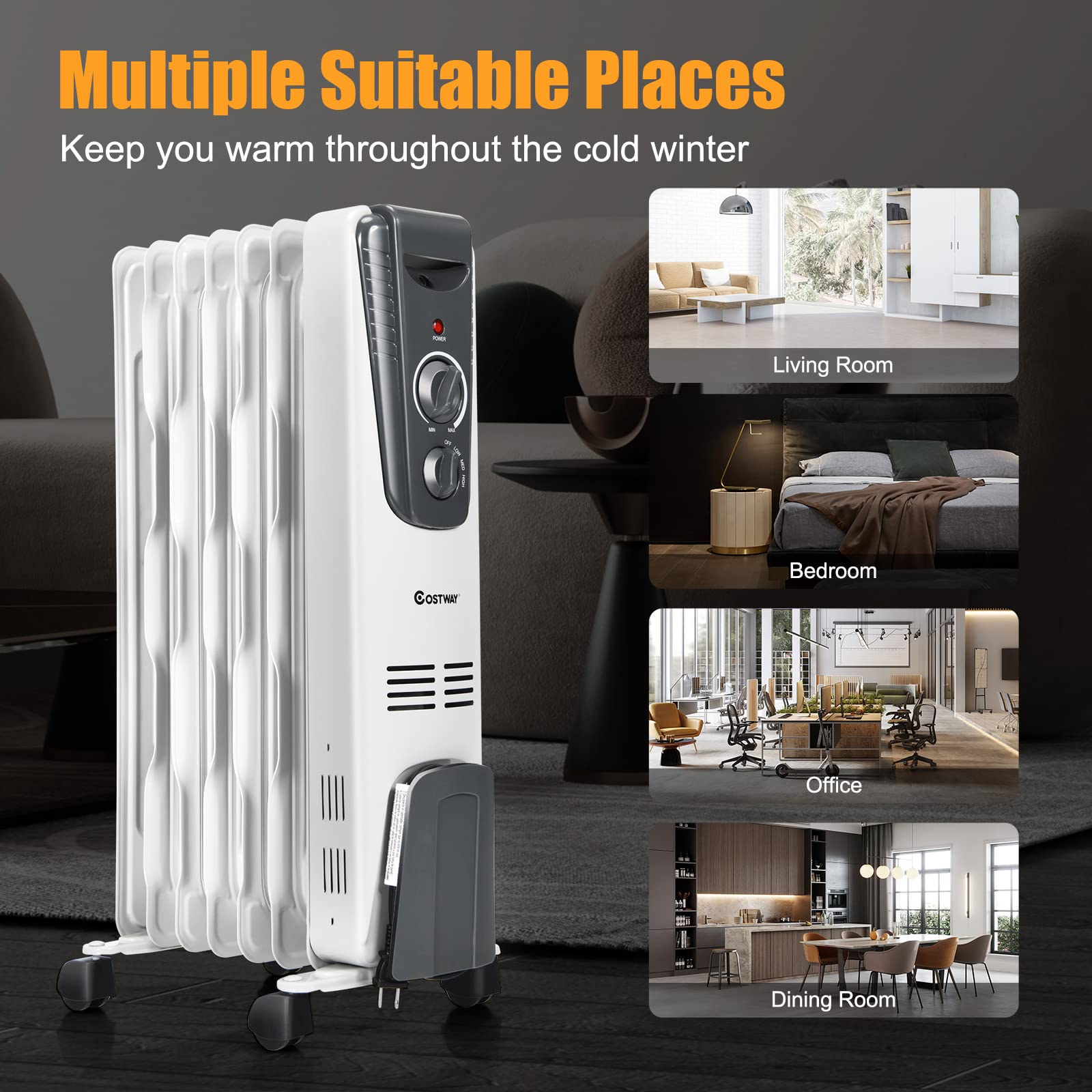 COSTWAY 1500W Oil Filled Radiator Heater - Portable Electric Space Heater with Adjustable Thermostat, 3 Heat Settings, Overheat & Tip-Over Protection - Perfect for Indoor Use in Bedrooms, Offices & Living Rooms | Stay Warm & Cozy During Winter