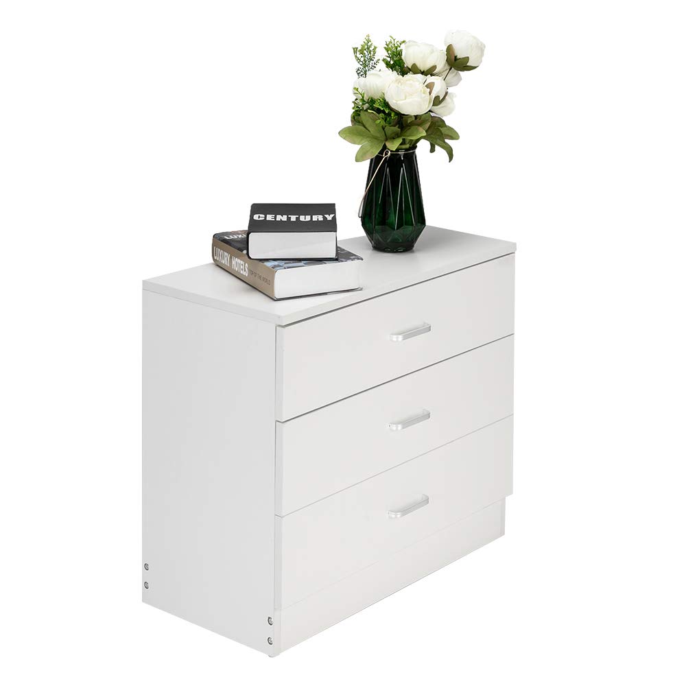 Henf 3 Drawer Wooden Dresser - Modern Chest of Drawers, Nightstand & End Table with Storage for Bedroom, Living Room & Hallway - Perfect for Small Space Organization & Home Decor (White)