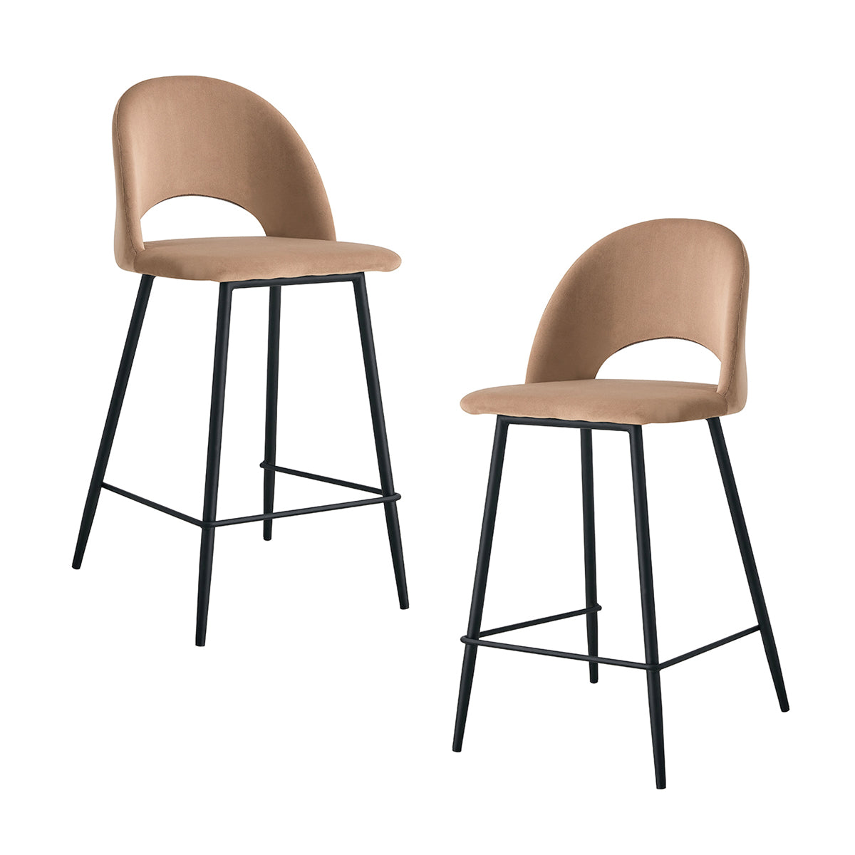 Asta Velvet Bar Stool Set of 2 - Modern Upholstered Counter Height Stools with Chrome Legs for Kitchen Island, Breakfast Bar & Home Decor
