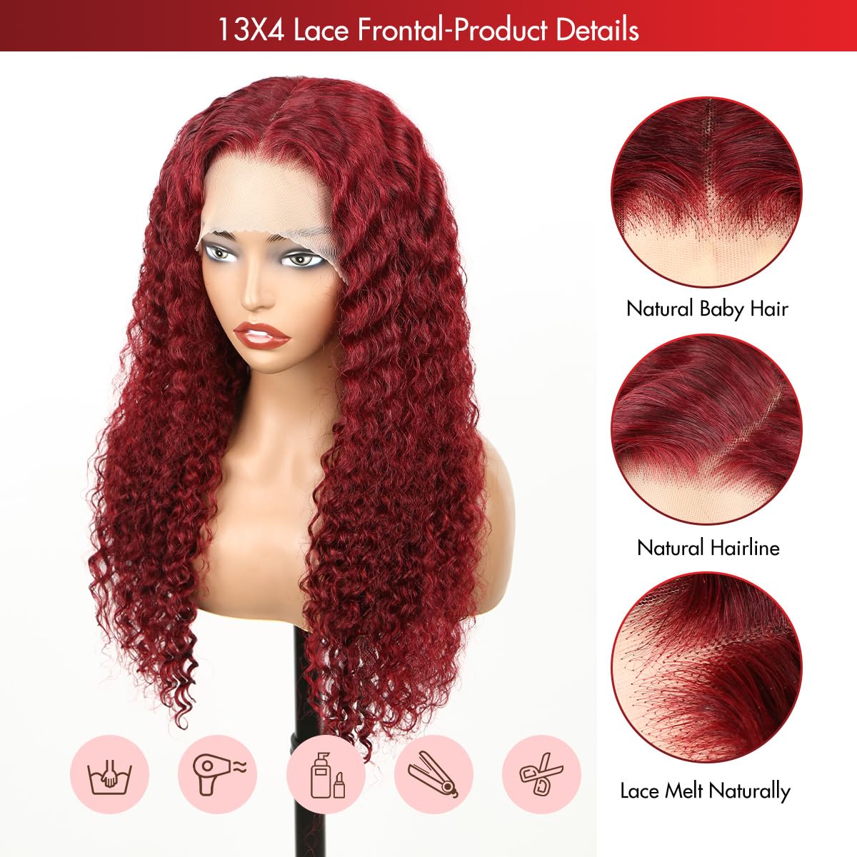 Burgundy 13x4 Lace Front Wig Human Hair 180% Density Water Wave Glueless Pre Plucked Bleached Knots 28 Inch - Natural Red Colored Curly Wig for Women | Perfect for Cosplay, Parties, Weddings & Daily Wear