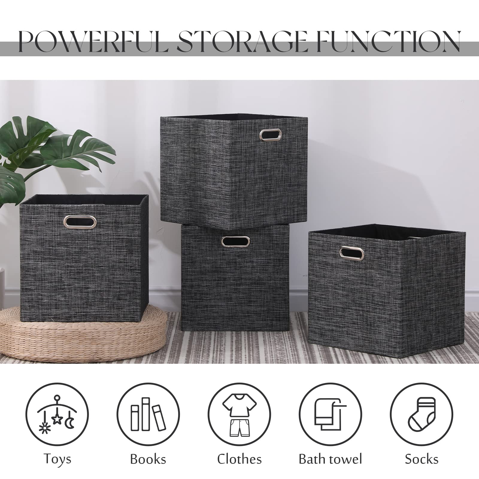 13×13 Inch Foldable Cube Storage Bins with Handles - Set of 4 Large Capacity Linen Organizer Baskets for Closet, Shelf, Cabinet & Bookcase | Collapsible Fabric Drawers for Bedroom Organization | Perfect for Toys, Books & Home Decor (Black)