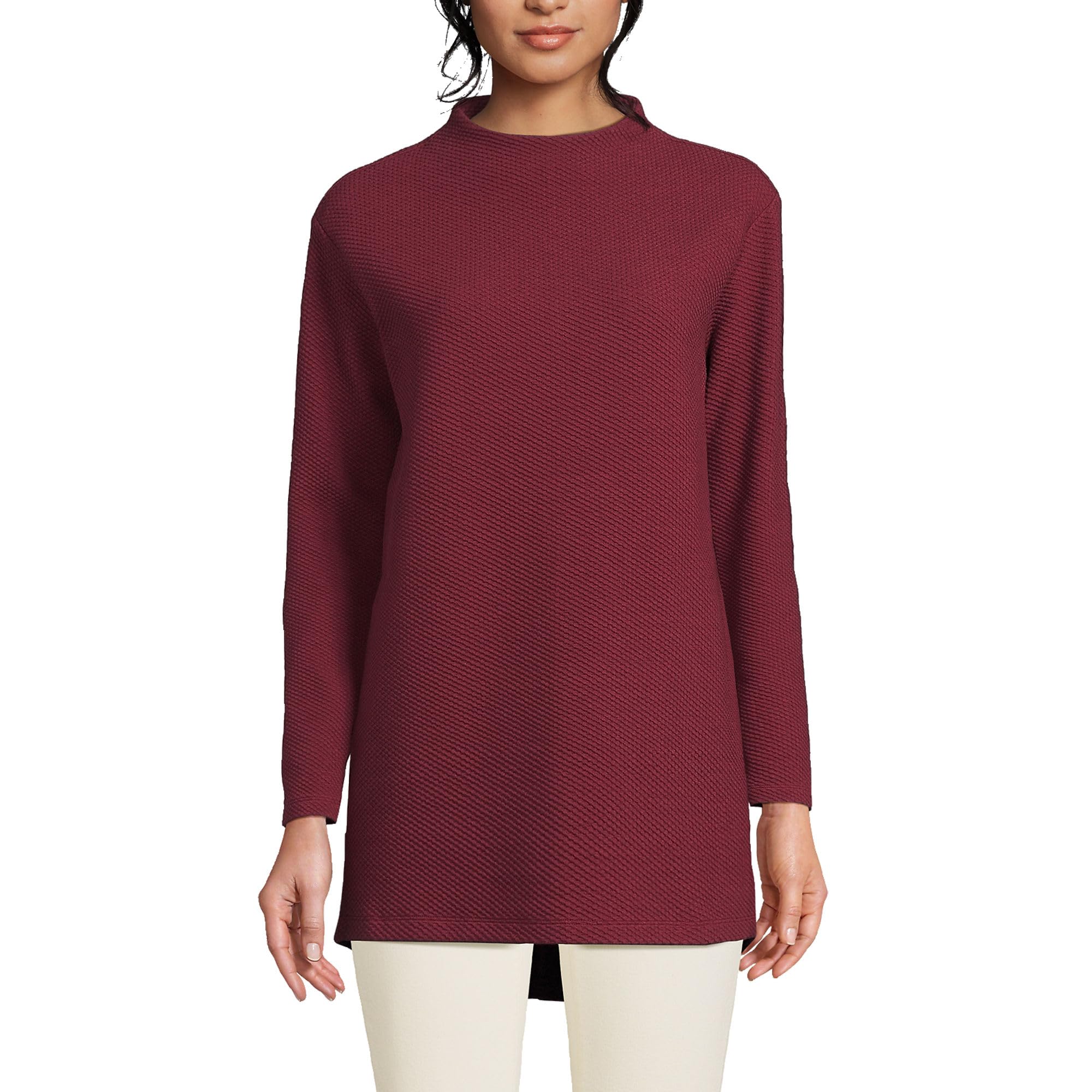 Lands' End Women's Long Sleeve Textured Pique Funnel Neck Tunic Shirt - Casual Workwear & Layering Essential for Fall & Winter