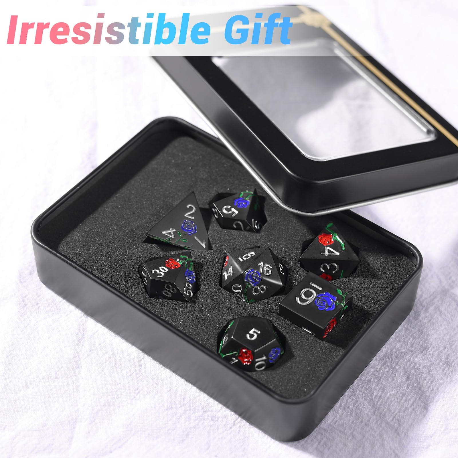 Premium DND Metal Dice Set - Hand-Painted Rose Polyhedral Dice for Dungeons & Dragons, MTG, RPG Tabletop Games | Gift Box Included (Black, Red, Blue Roses) - Perfect for Campaigns, Character Rolls & Game Nights