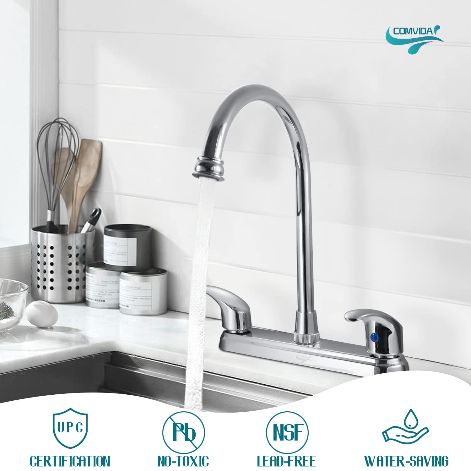 2 Handle High Arc Swivel Kitchen Faucet - Stainless Steel Commercial Sink Faucet with Solid Brass Construction - Modern Chrome Finish 3 Hole Mount (CV-80100) - Perfect for Restaurant, Home Kitchen & Bar Use
